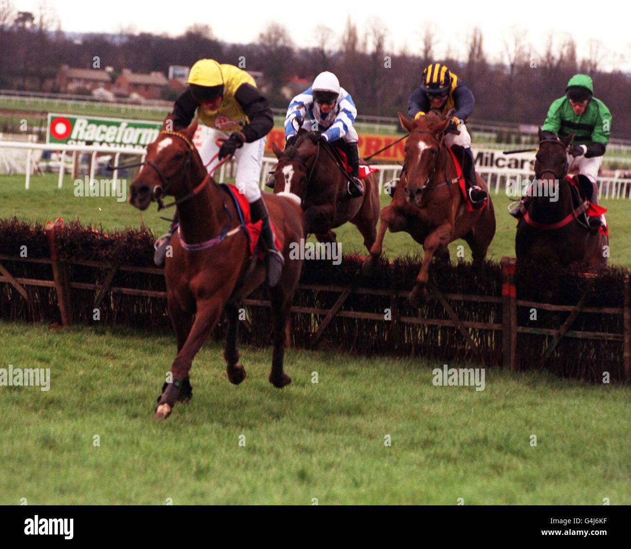 Das irische Pferd Coulthard führt beim Sunderlands Imperial Cup Hurdle Race im Sandown Park über den letzten Zaun, von dem späteren Sieger Regency Rake (White Cap) und dem neuseeländischen Pferd (Yellow Striped Cap) Dr. Jazz. Stockfoto