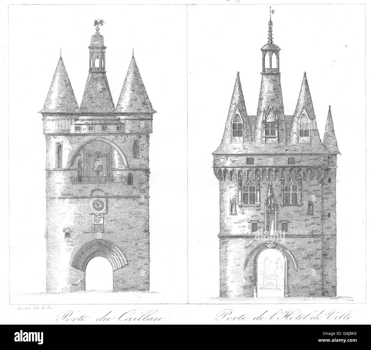 GIRONDE: Bordeaux: Porte du Caillau; L ' Hotel Ville, antiken print 1835 Stockfoto
