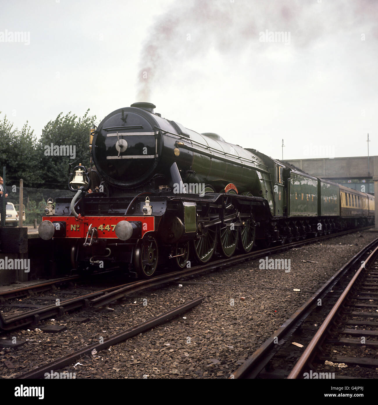 Verkehr - Dampflokomotiven - The Flying Scotsman - London - 1969. Der weltberühmte Dampfzug „Flying Scotsman“, der vom Lokomotivingenieur Sir Nigel Gresley entworfen wurde. Stockfoto