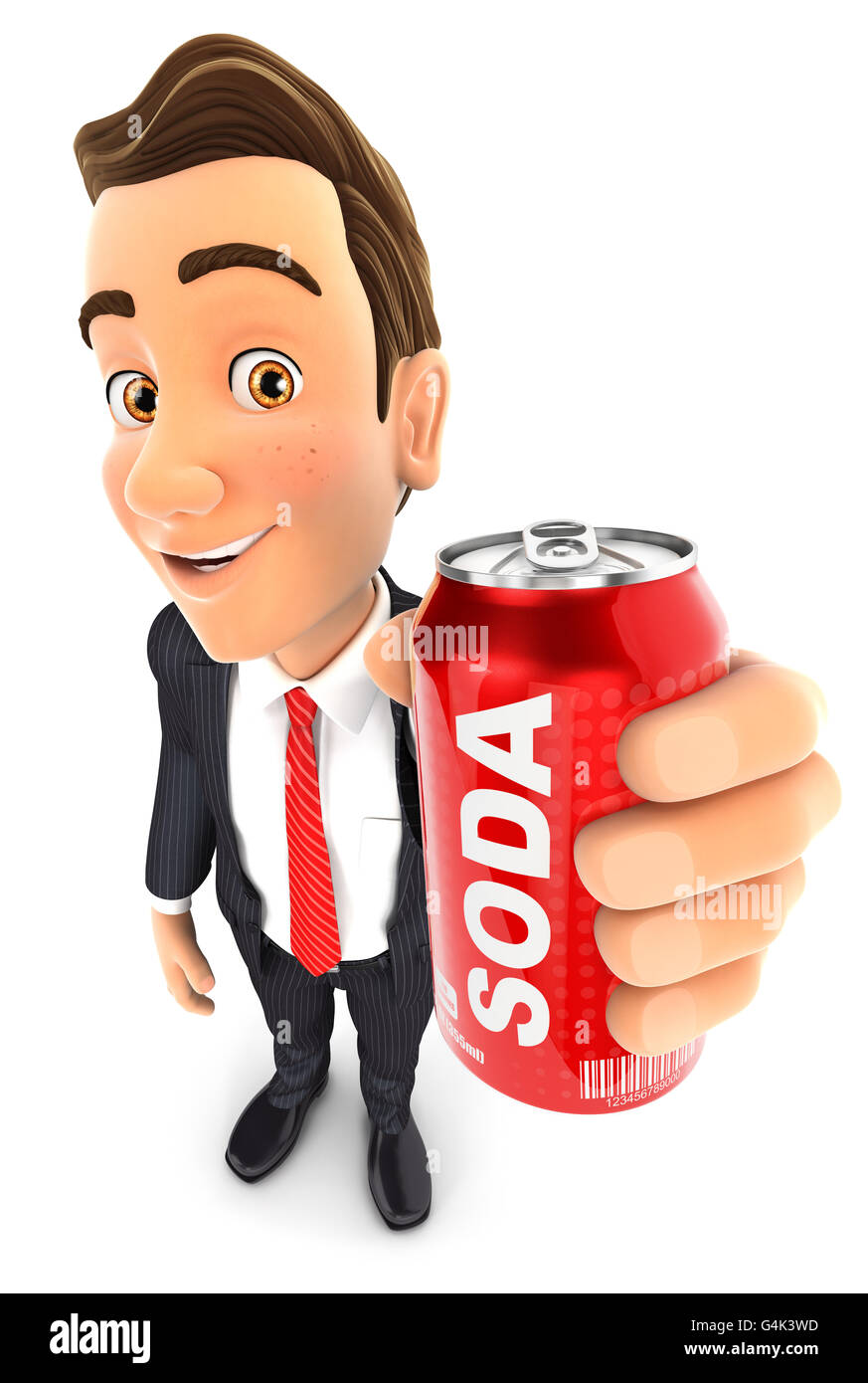 3D Geschäftsmann hält Getränkedose, Abbildung mit isolierten weißen Hintergrund Stockfoto