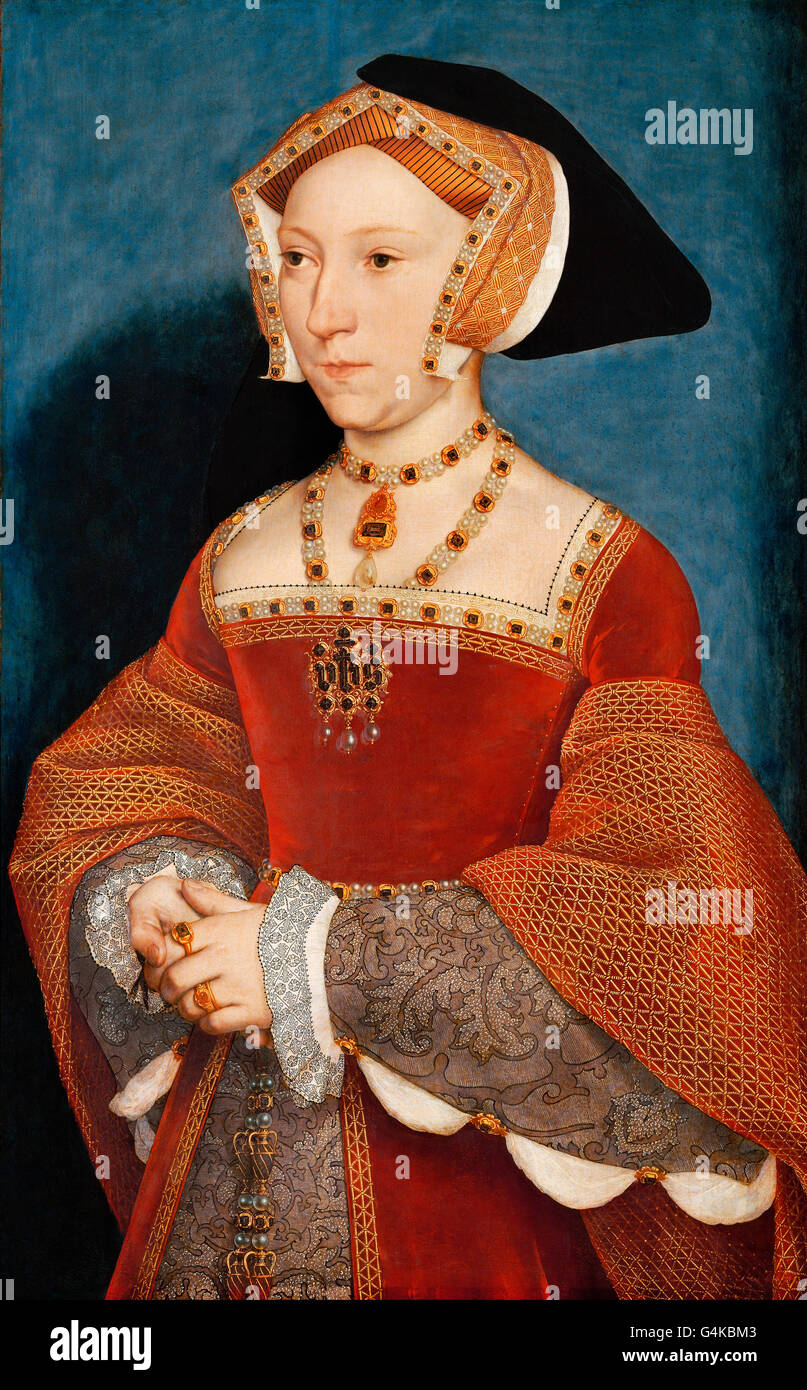 Jane Seymour. Porträt von Jane Seymour (1508-1537), dritte Ehefrau von König Henry VIII von England, von Hans Holbein der jüngere, Öl auf Holz, c.1536 Stockfoto