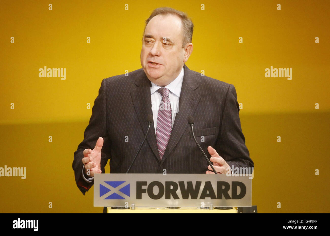 Erster Minister Alex Salmond spricht bei der 77. Jahrestagung der Scottish National Party im Eden Court Theatre in Inverness. Stockfoto