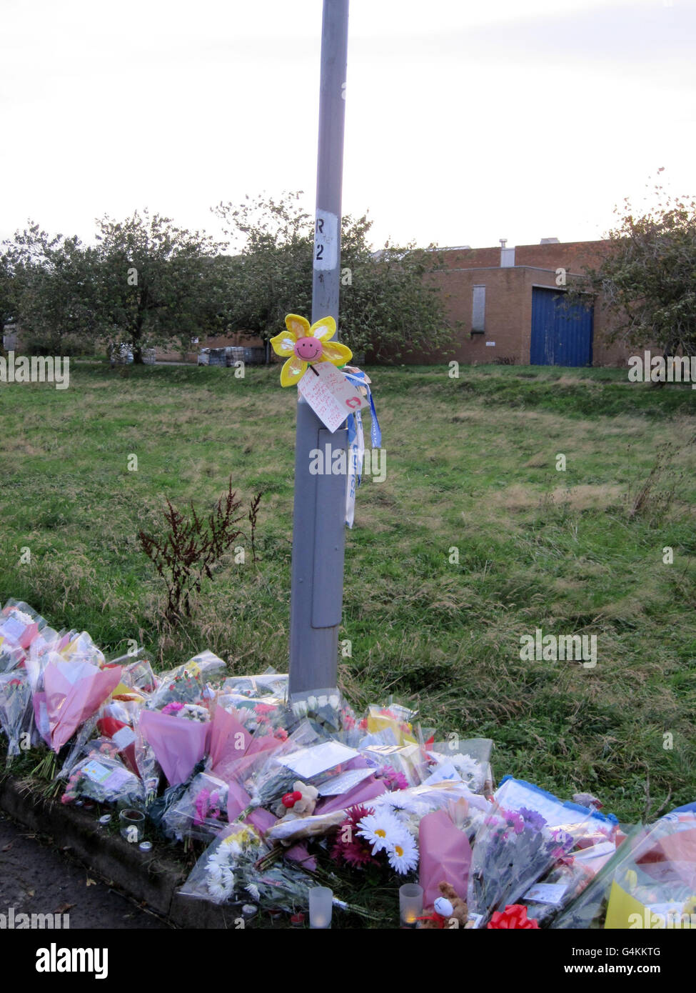 Blumen gingen am Schauplatz in Cumnock, Ayrshire, zurück, wo Stuart Walker am Samstag kurz vor 5 Uhr morgens nach einem „extrem gewalttätigen“ Angriff tot aufgefunden wurde. Stockfoto