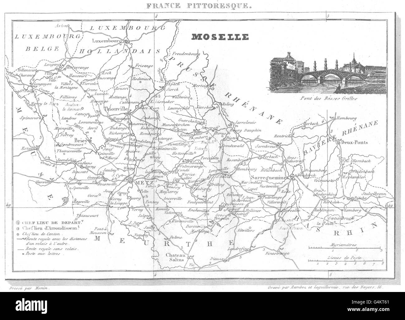 Mosel: Département du la Moselle, 1835 Antike Landkarte Stockfoto