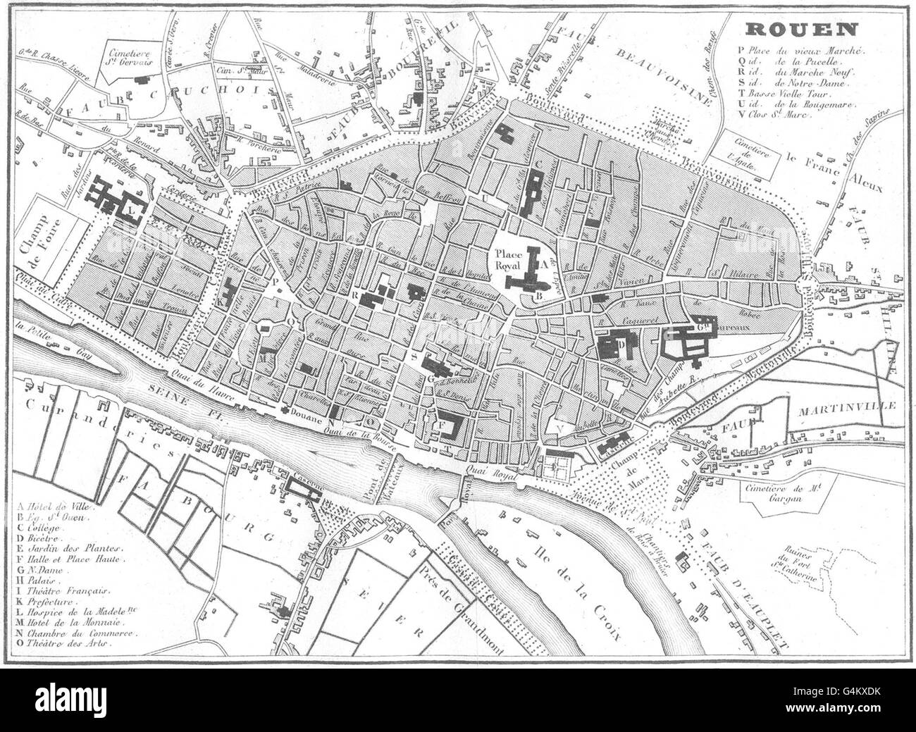 SEINE-MARITIME: Seine-Inférieure. Rouen Stadt Stadtplan, 1835 Antike Landkarte Stockfoto