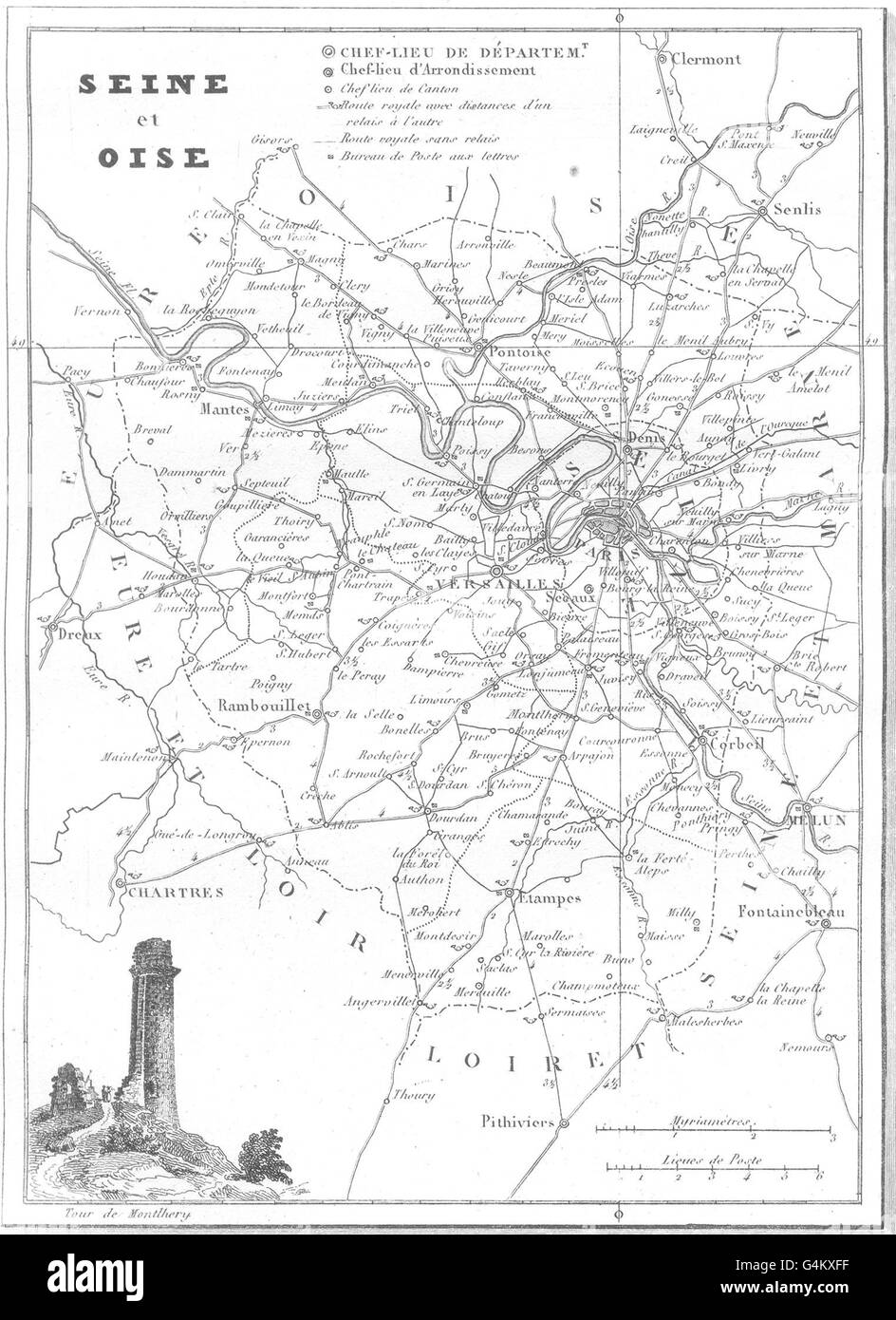 SEINE-ET-OISE: Departement de Seine-et-Oise, 1835 Antike Landkarte Stockfoto