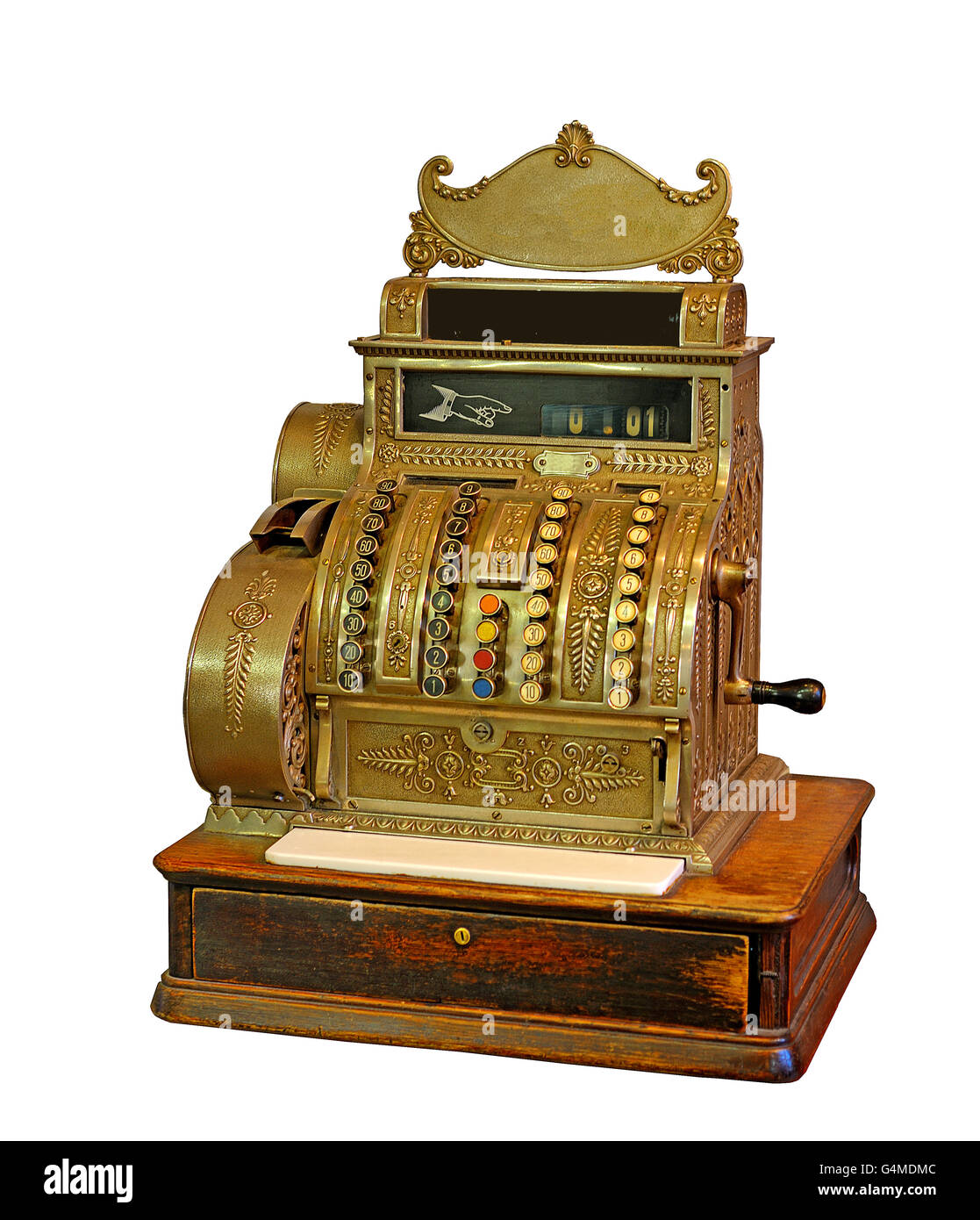 Alte manuelle Französisch cash Register isoliert auf weißem Hintergrund. Stockfoto