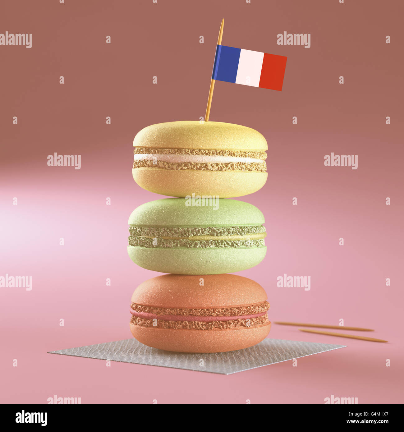 3D Illustration. Französische Macarons, mit der französischen Flagge oben gestapelt. Stockfoto