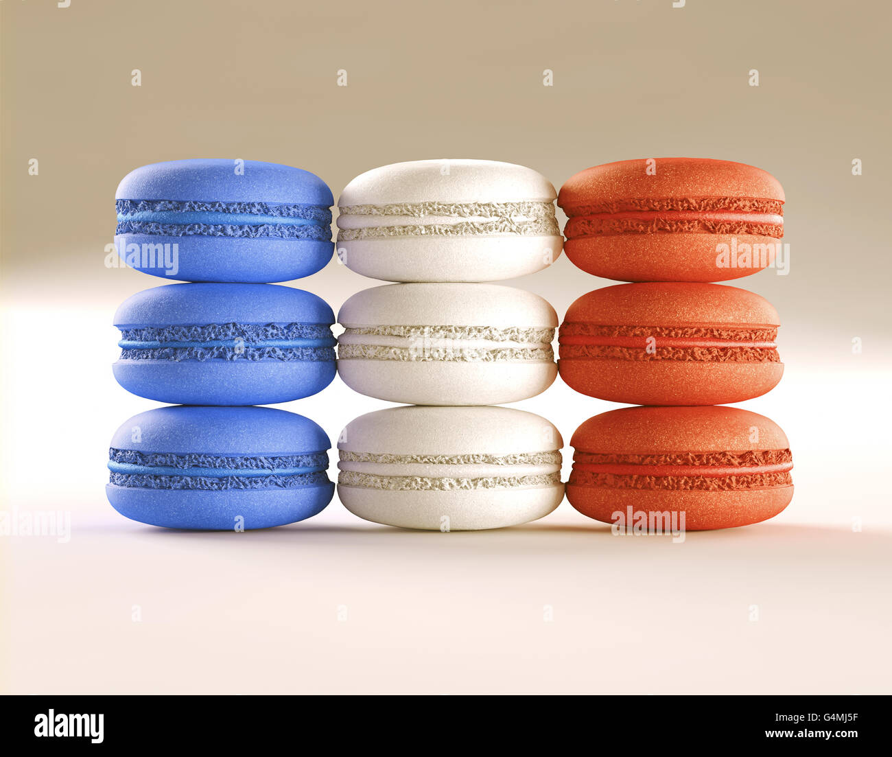 3D Illustration. Französische Macarons in Layout und Farben der französischen Flagge. Clipping-Pfad enthalten. Stockfoto