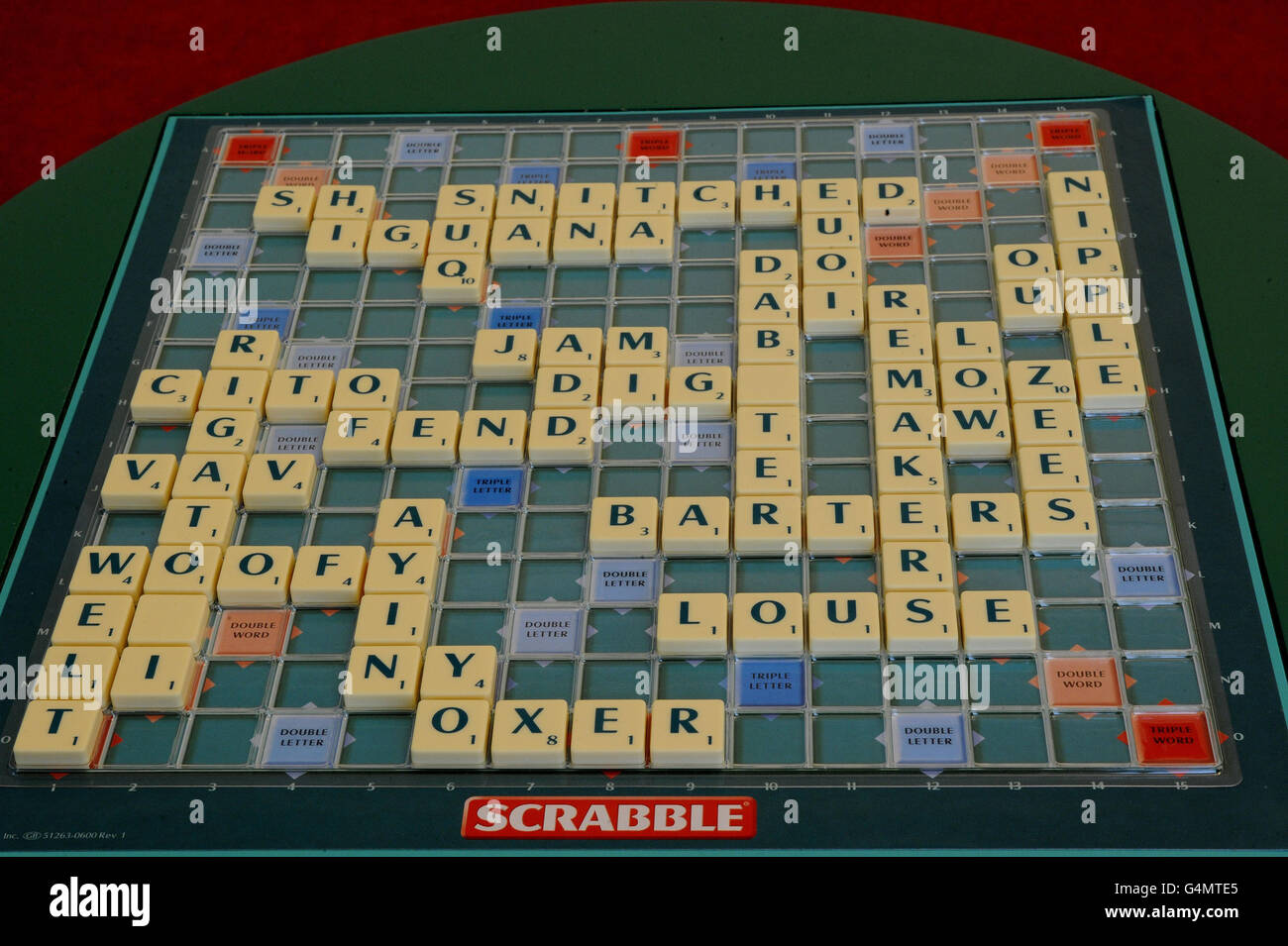 Das fertige Brett im dritten Spiel während des Finales der National Scrabble Championship, in London. Stockfoto