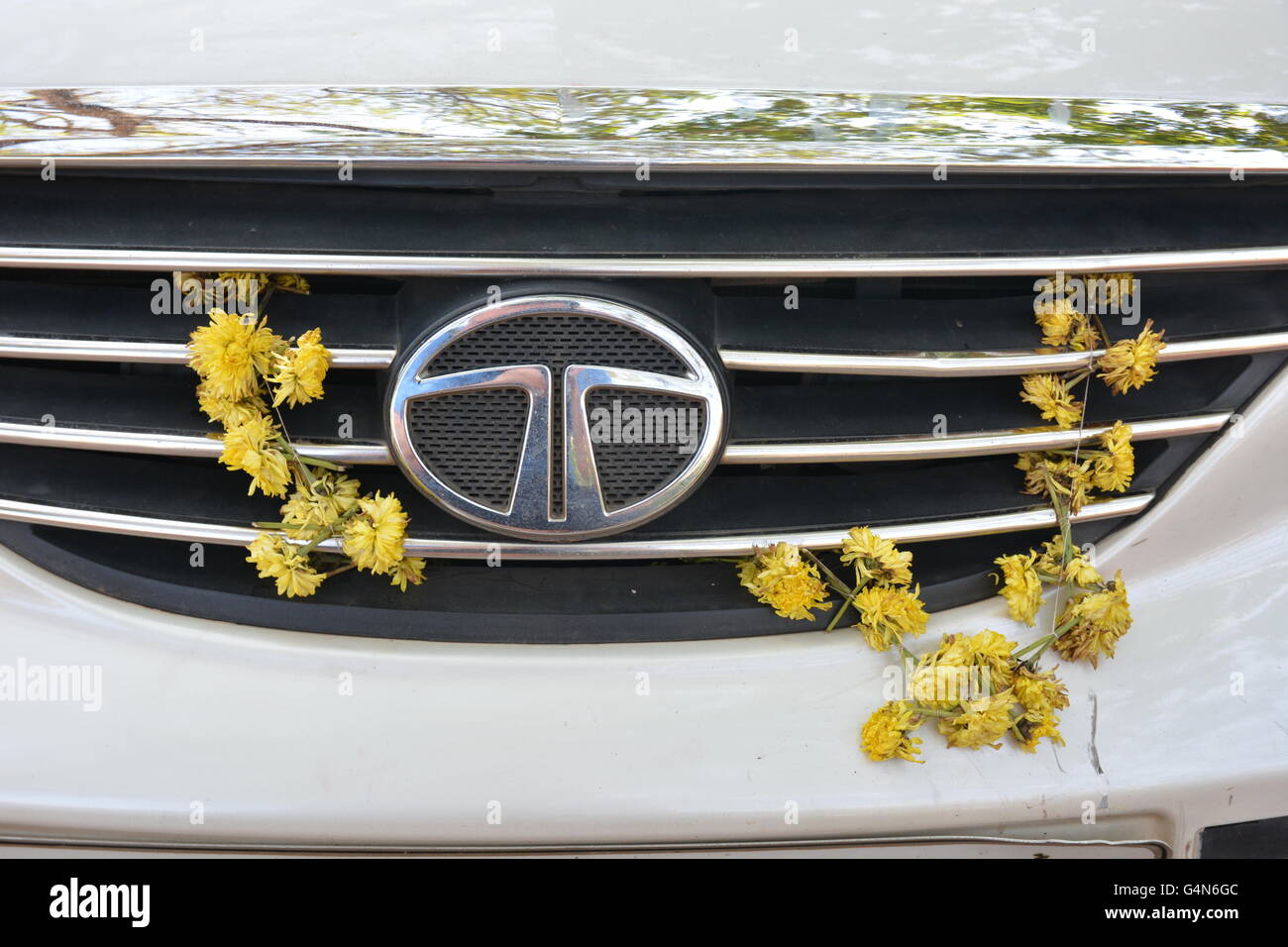 Kochi, Indien - 24. Oktober 2015 - Blumen auf Tata Auto in Indien im Rahmen des Aberglaubens, Autounfälle zu verhindern Stockfoto