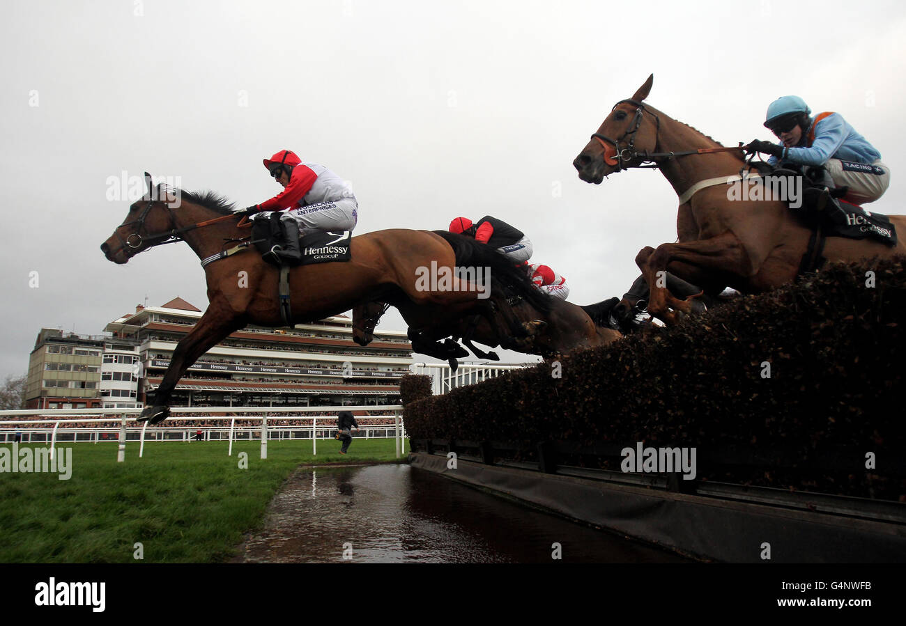 Der spätere Gewinner Carruthers, der von Matthew Batchelor geritten wird, führt das Feld über den Wassersprung im Hennessy Gold Cup während des Hennessy Gold Cup Day des Sportingbet Winter Festivals auf der Newbury Racecourse, Newbury. Stockfoto