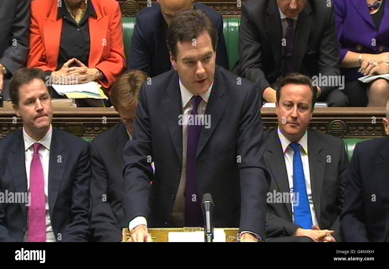 Schatzkanzler George Osborne hält seine Herbsterklärung vor dem Unterhaus im Zentrum von London. Stockfoto