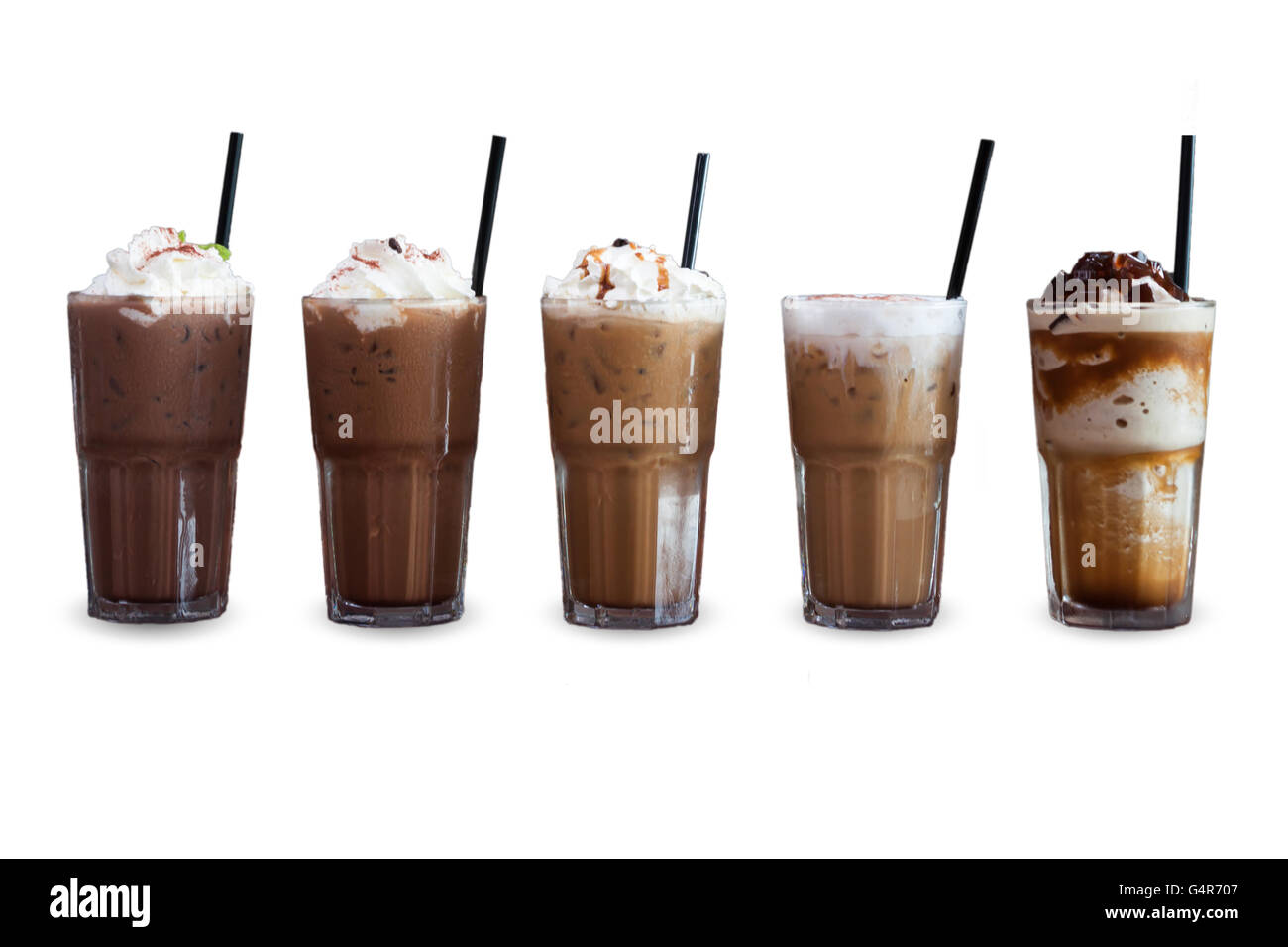 Fünf verschiedene Arten von Eiskaffee isoliert auf weißem Hintergrund, Fotoarchiv Stockfoto