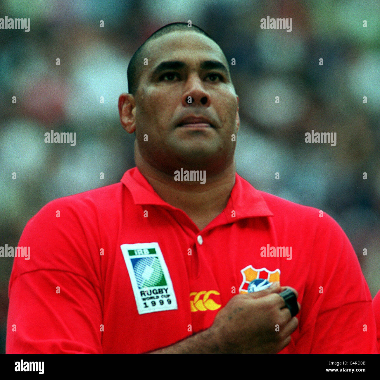 TONGA-TEAM. Tongan Falamani Mafi in zweiter Reihe von der Tonga Rugby-Weltmeisterschaft. Stockfoto