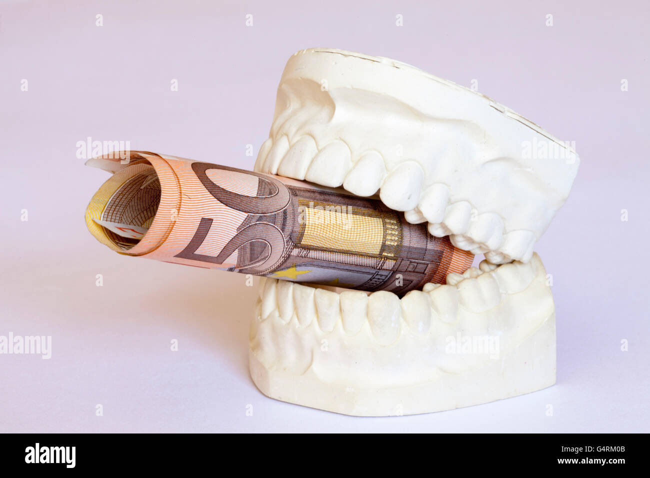 Gipsabdruck von Zahnersatz mit 50-Euro-Banknoten, Oberkiefer und Unterkiefer Würfe, Banknoten, symbolisches Bild für teure dental Stockfoto