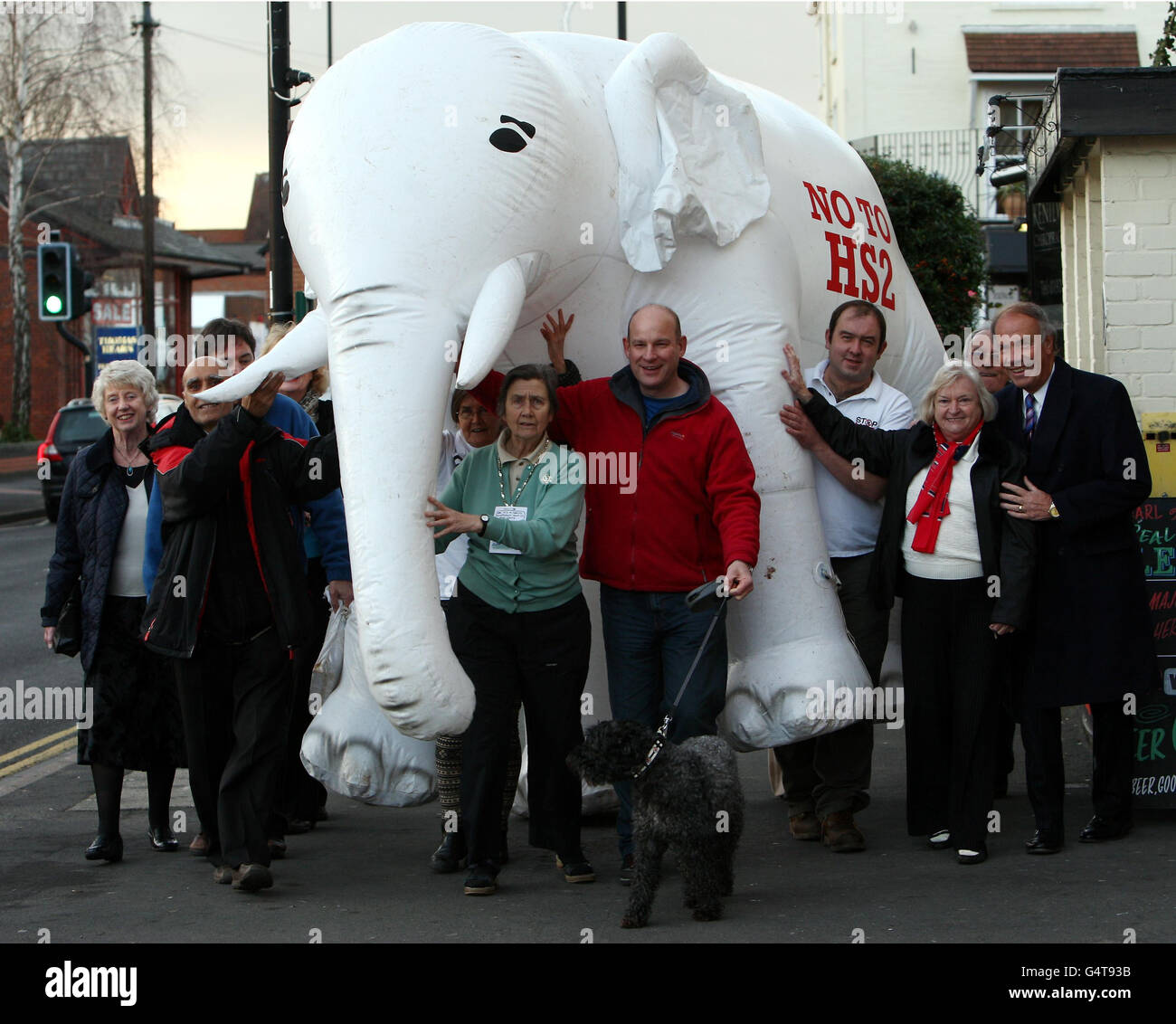 Die Mitglieder der Kampagne „Stop HS2“ tragen einen weißen Elefanten zum Pub Earl of Clarendon in Kenilworth, Warwickshire, wo sie beobachteten, wie Verkehrsministerin Justine Greening eine Erklärung vor dem Unterhaus abgab. Stockfoto