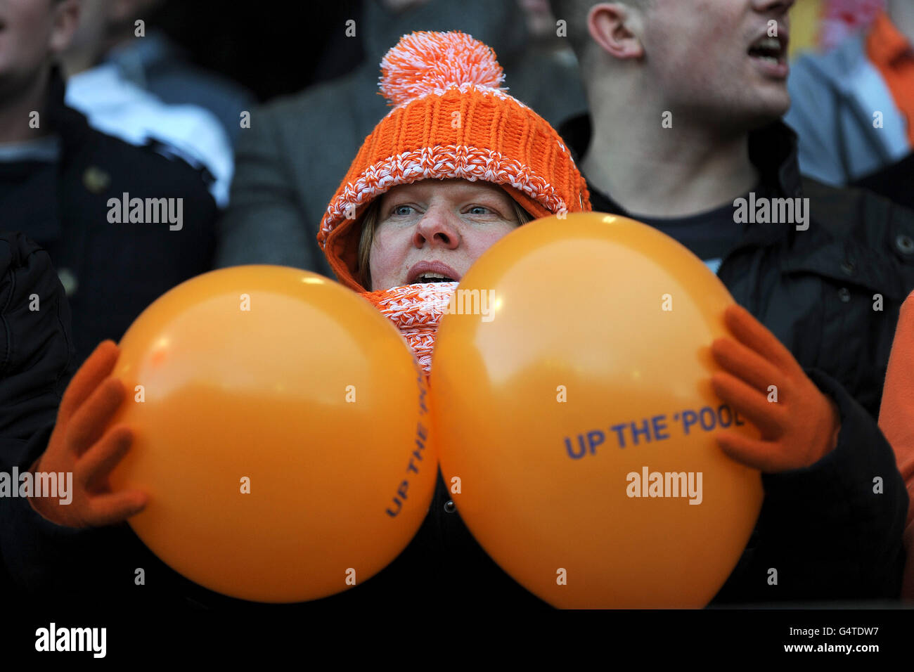 Fußball - FA Cup - Dritte Runde - Fleetwood Town / Blackpool - Highbury Stadium. Ein Blackpool-Fan in den Tribünen Stockfoto