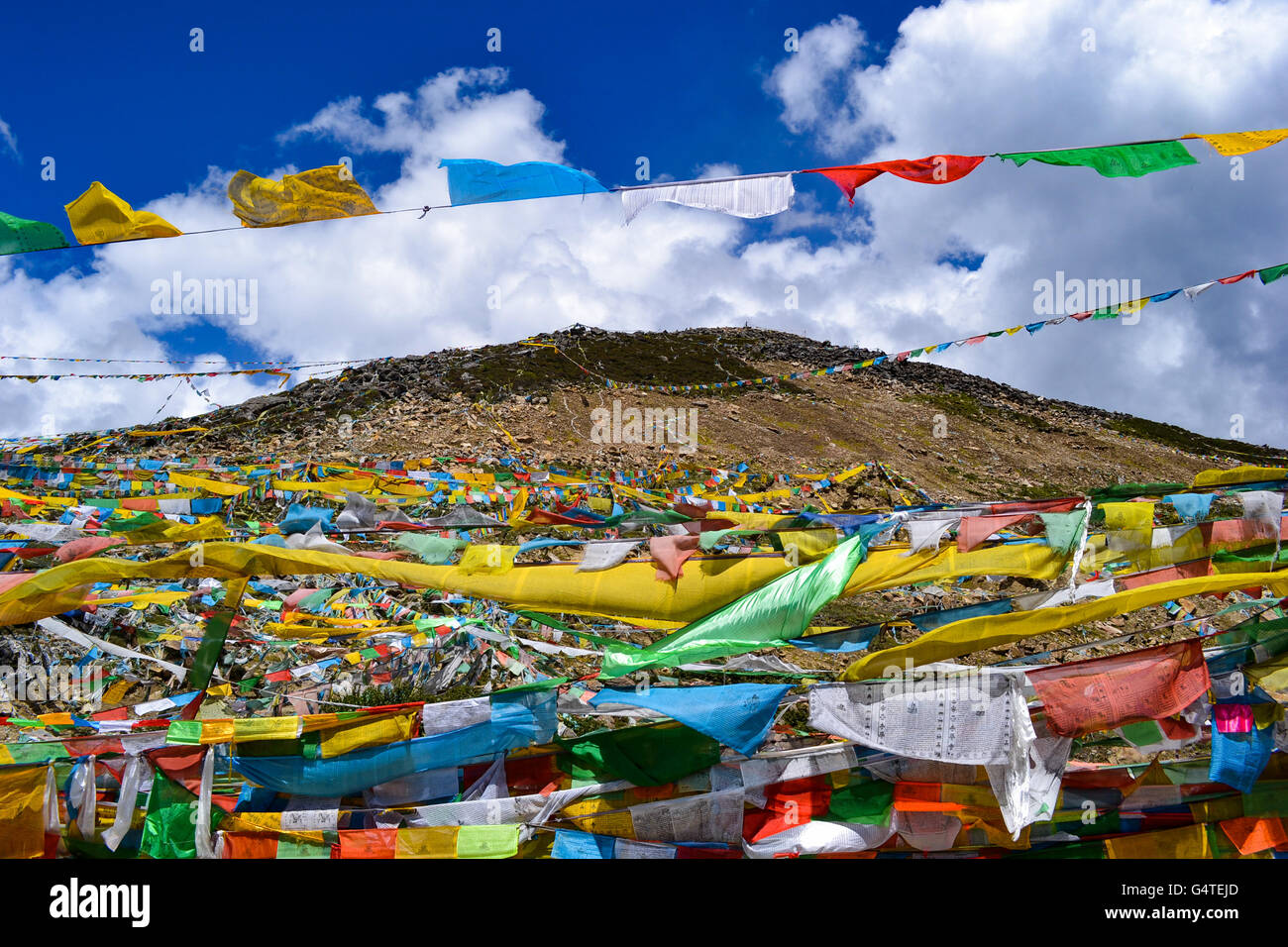 Die bunten Gebetsfahnen für den tibetischen Buddhismus Stockfoto