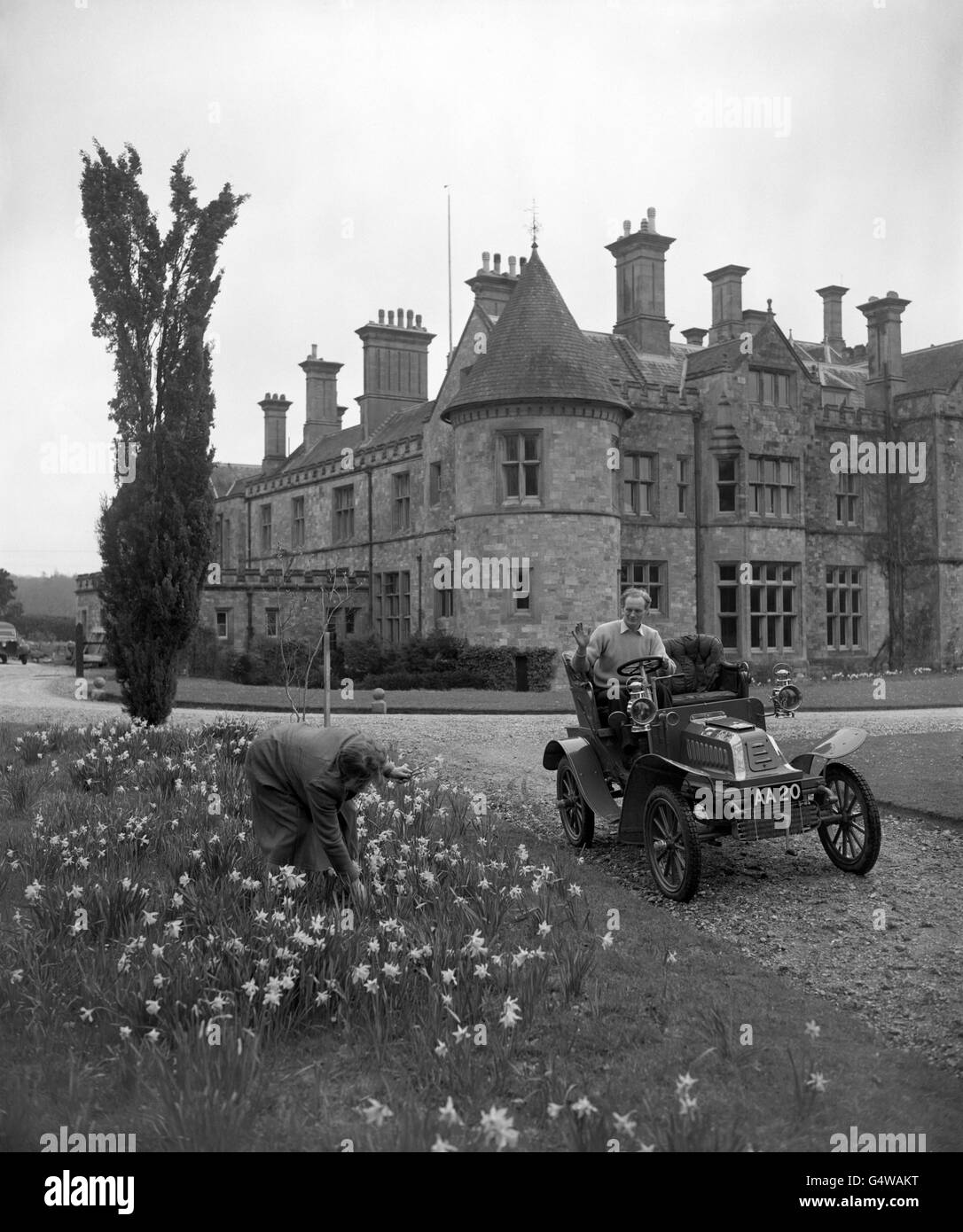Lord Montagu von Beaulieu, 25 Jahre alter Peer, der in seinem 1903 De Dion Bouton am Beaulieu House fährt, winkt zu seiner Schwester, der Hon. Mrs. Clark-Kennedy, in einem Narzissen-Fleck. Das Auto ist in seinem Montagu Motor Car Museum zu sehen. Am 15. Oktober 1953 wurde von den Richtern von Lymington ein Haftbefehl für die Verhaftung von Lord Montagu wegen "Verschwörung zur Anstiftung bestimmter männlicher Personen zu schweren Vergehen mit männlichen Personen" erteilt. Stockfoto