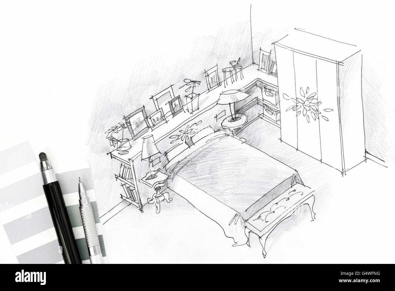 Schlafzimmer Innenraum grafische Skizze gezeichnet von Stift Stockfoto