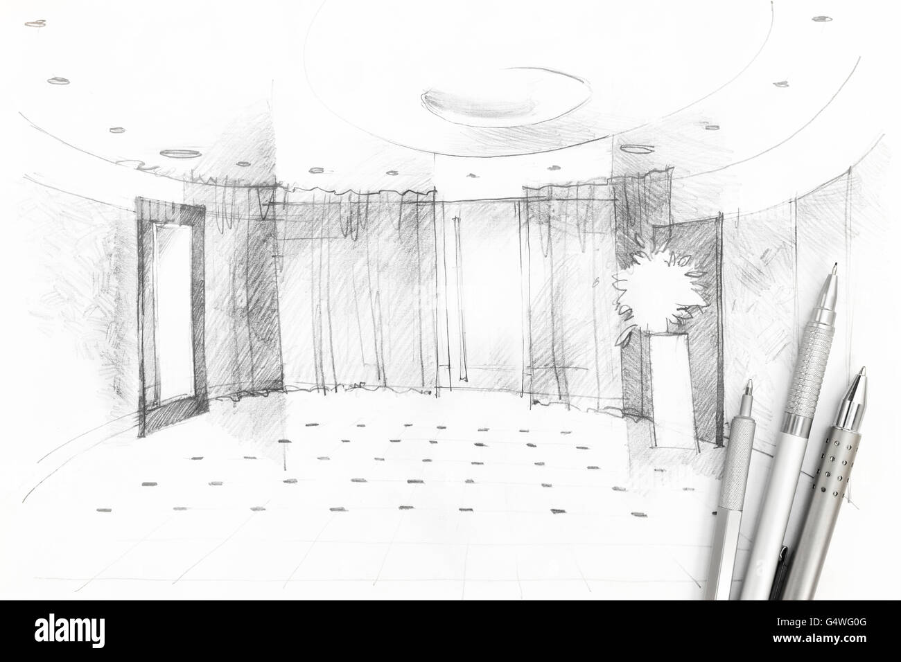 Skizze einer inneren Halle gezeichnet durch Stifte Stockfoto