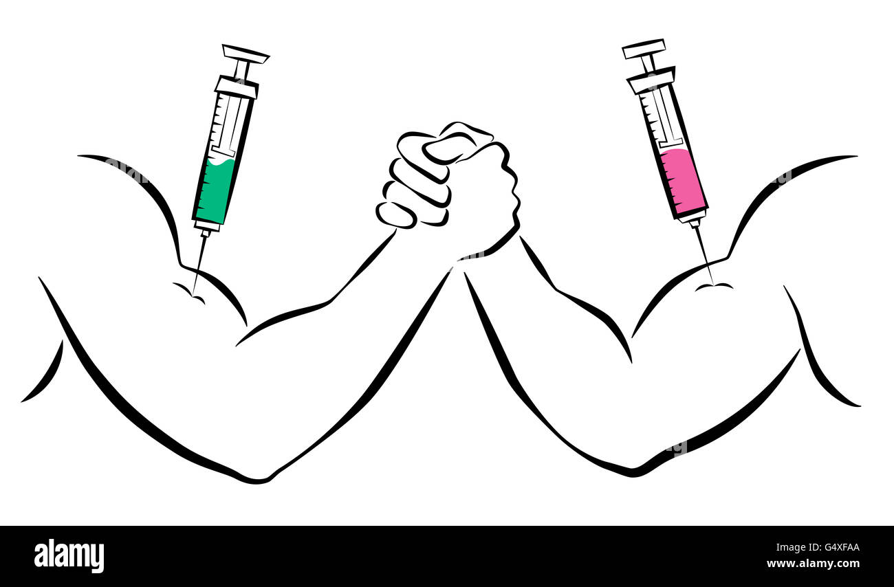 Doping - starke Arme mit Spritzen. Comic-Illustration auf weißem Hintergrund. Stockfoto