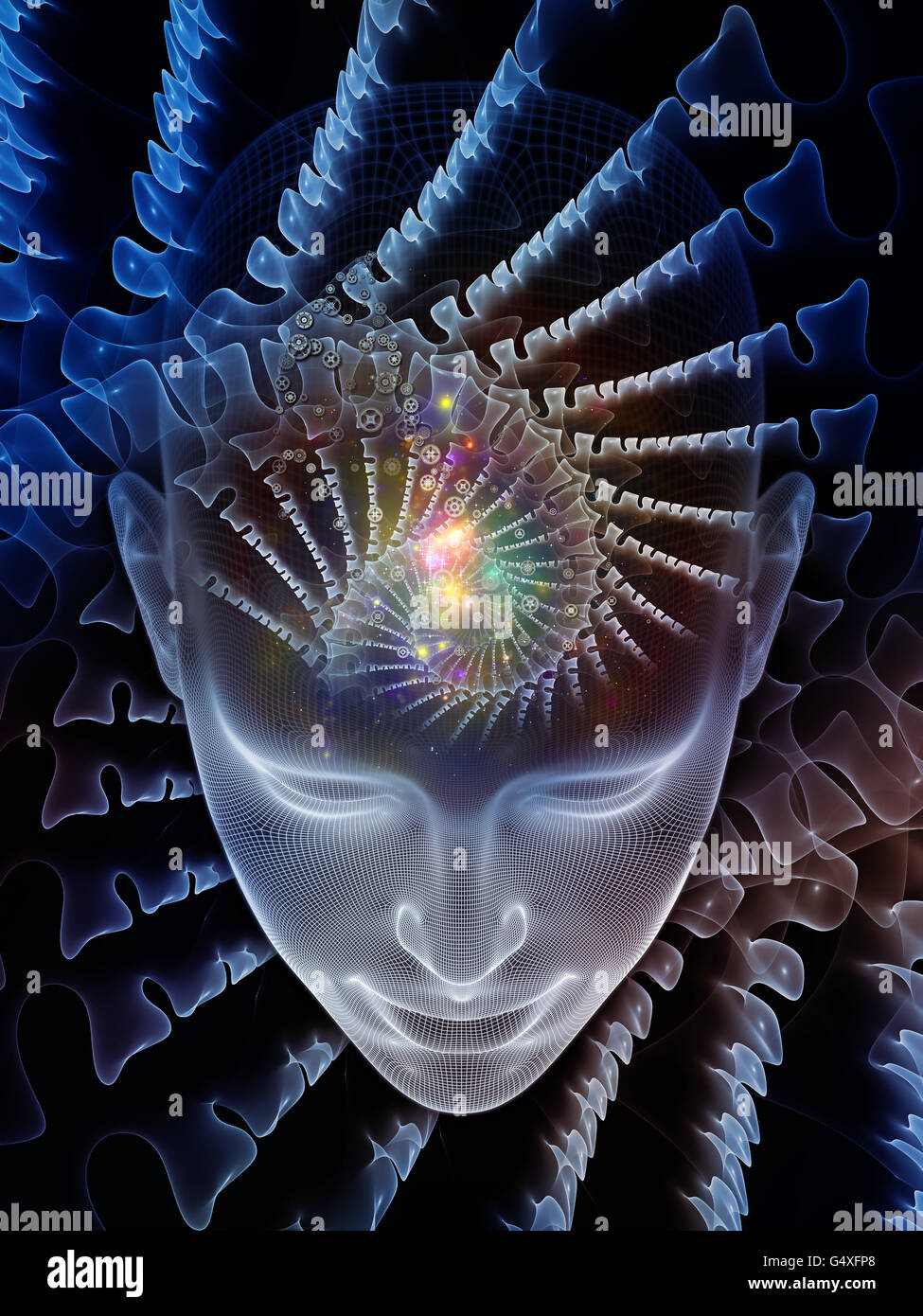Einblick In Mind-Serie. Zusammensetzung des menschlichen Kopfes Rendering und konzeptionelle Element zum Thema Gehirn, denken, Wissenschaft, Stockfoto