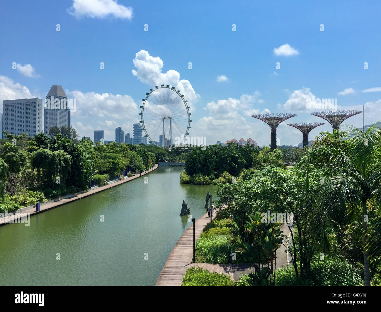 Singapur, In den Gärten an der Bucht mit Blick auf den Singapore Flyer und das Supertrees Stockfoto