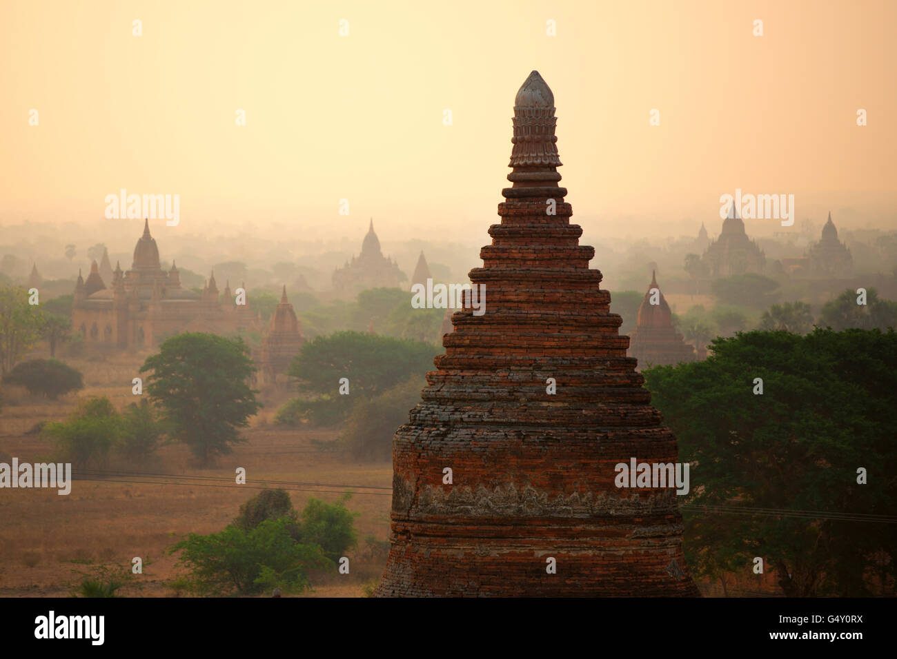 Bagan Tempeln in der Morgendämmerung, Old Bagan archäologische Zone, Mandalay Region, Myanmar Stockfoto