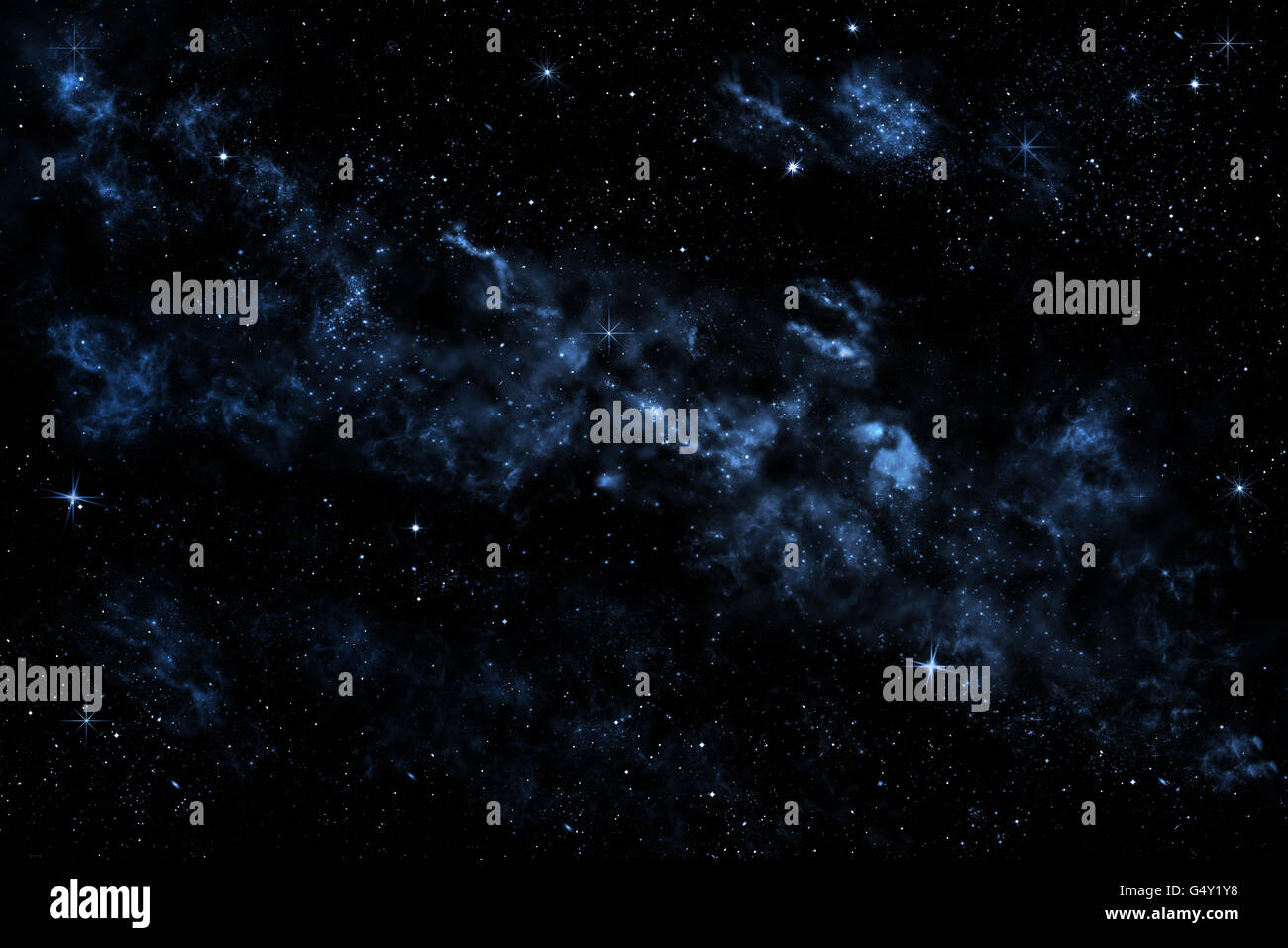 Universum Illustration mit Blaulicht, Sterne und Nebel, Stockfoto