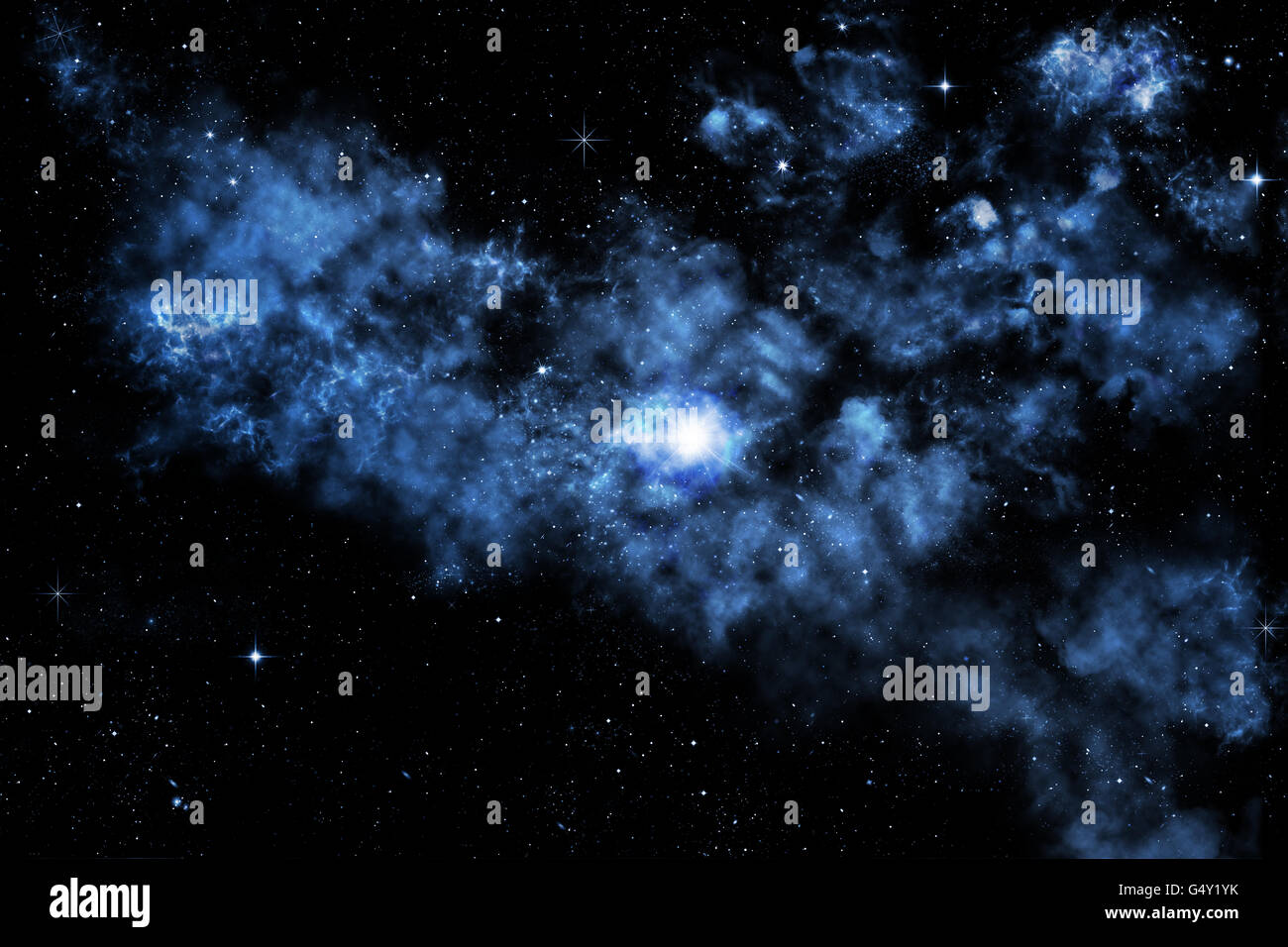 Abbildung mit Sternenhimmel Hintergrund, schwere Wolken, Nebel, kleine Planeten ein Blaulicht Stockfoto