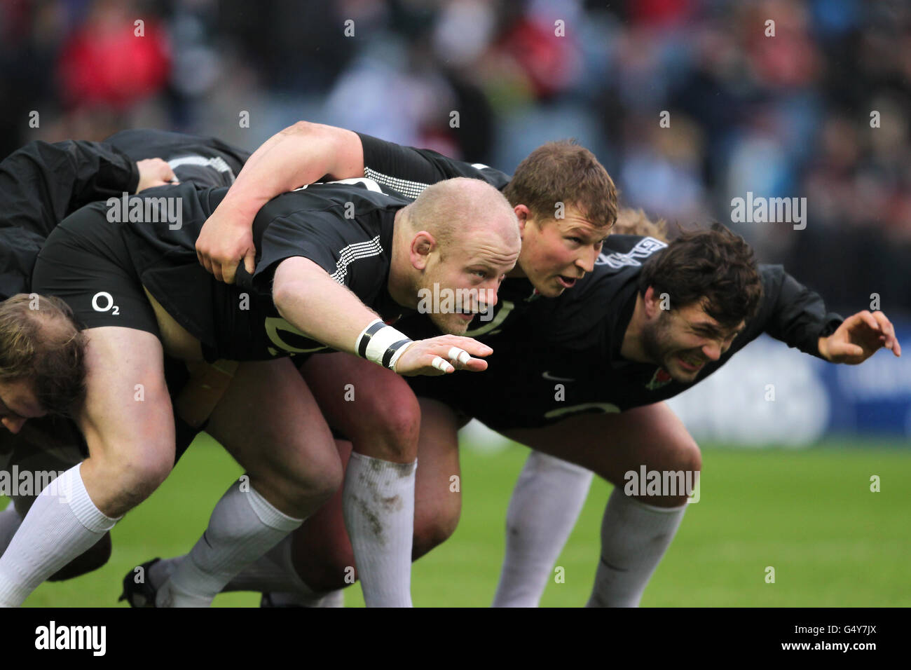 Rugby Union - RBS 6 Nations Championship 2012 - Schottland gegen England - Murrayfield. L-R: Die England-erste Reihe von Dan Cole, Dylan Hartley und Alex Corbisiero Stockfoto