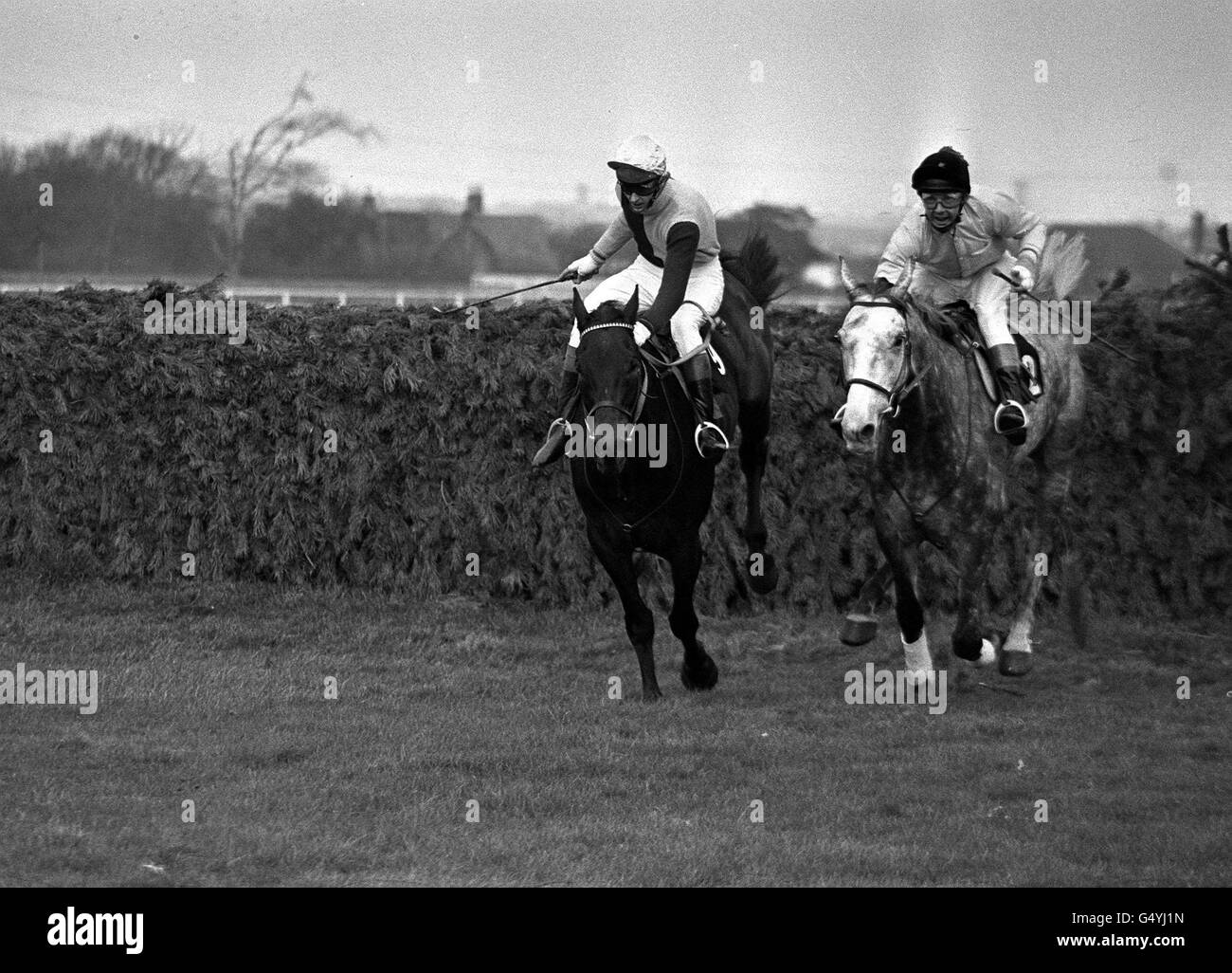 Das Pferd Inch Arran der Königin Mutter (rechts) wird vom nationalen Jagdjockey David Mold in Aintree über den letzten Zaun der Topham Trophy Handicap Steeplechase gedrängt. Stockfoto
