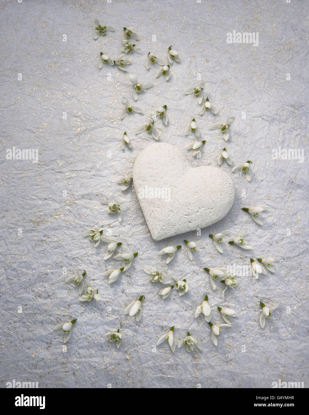 Weißen geschnitzten Stein Herz und Schneeglöckchen Blüten auf Seidenpapier. Stockfoto