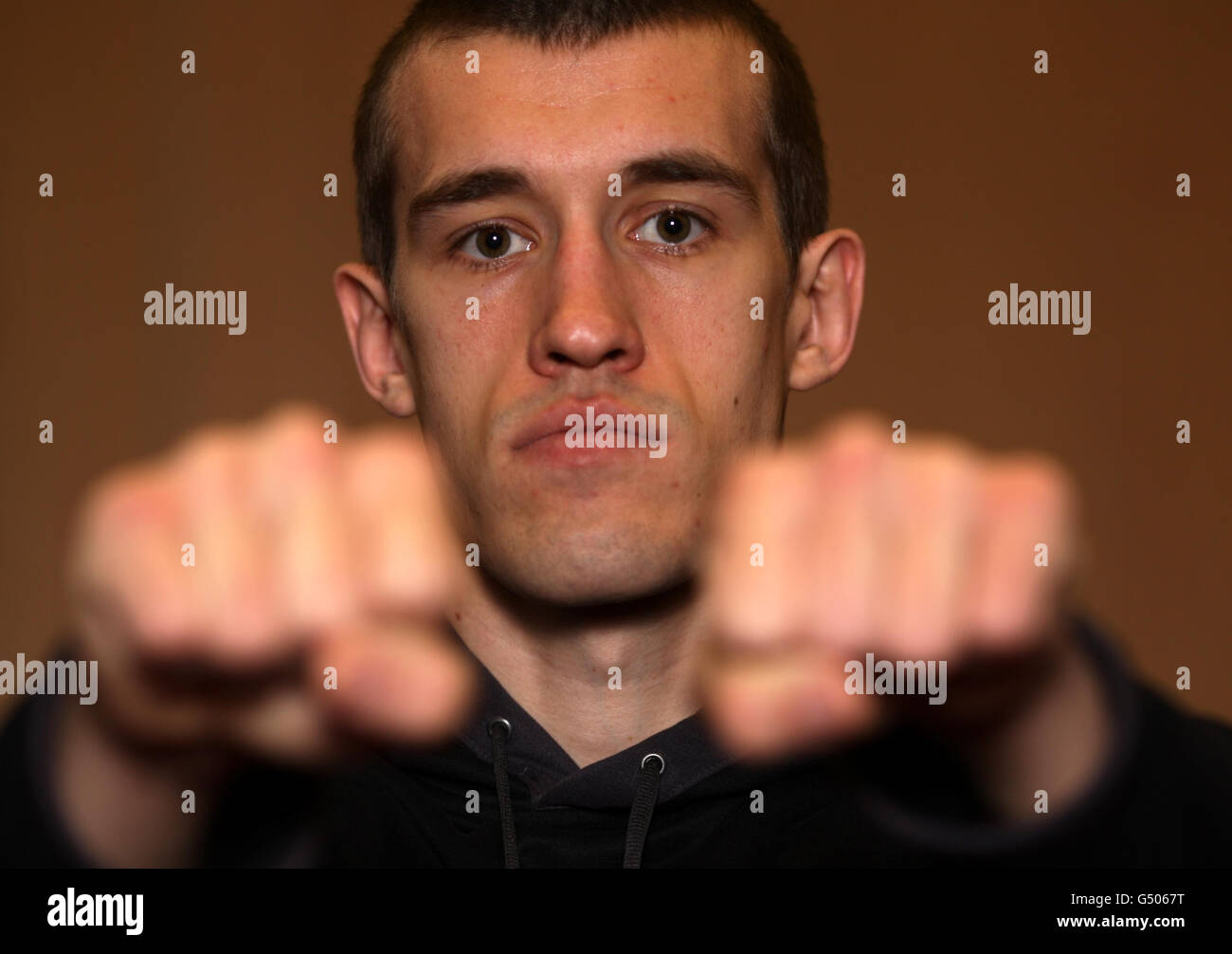 Boxen - WBO Light-Heavyweight World Championship - Nathan Clever gegen Tommy Karpency - Head to Head - Val Resort. Tommy Karpency während des Kopf-an-Kopf-Tuns im Val Resort, Hensol. Stockfoto