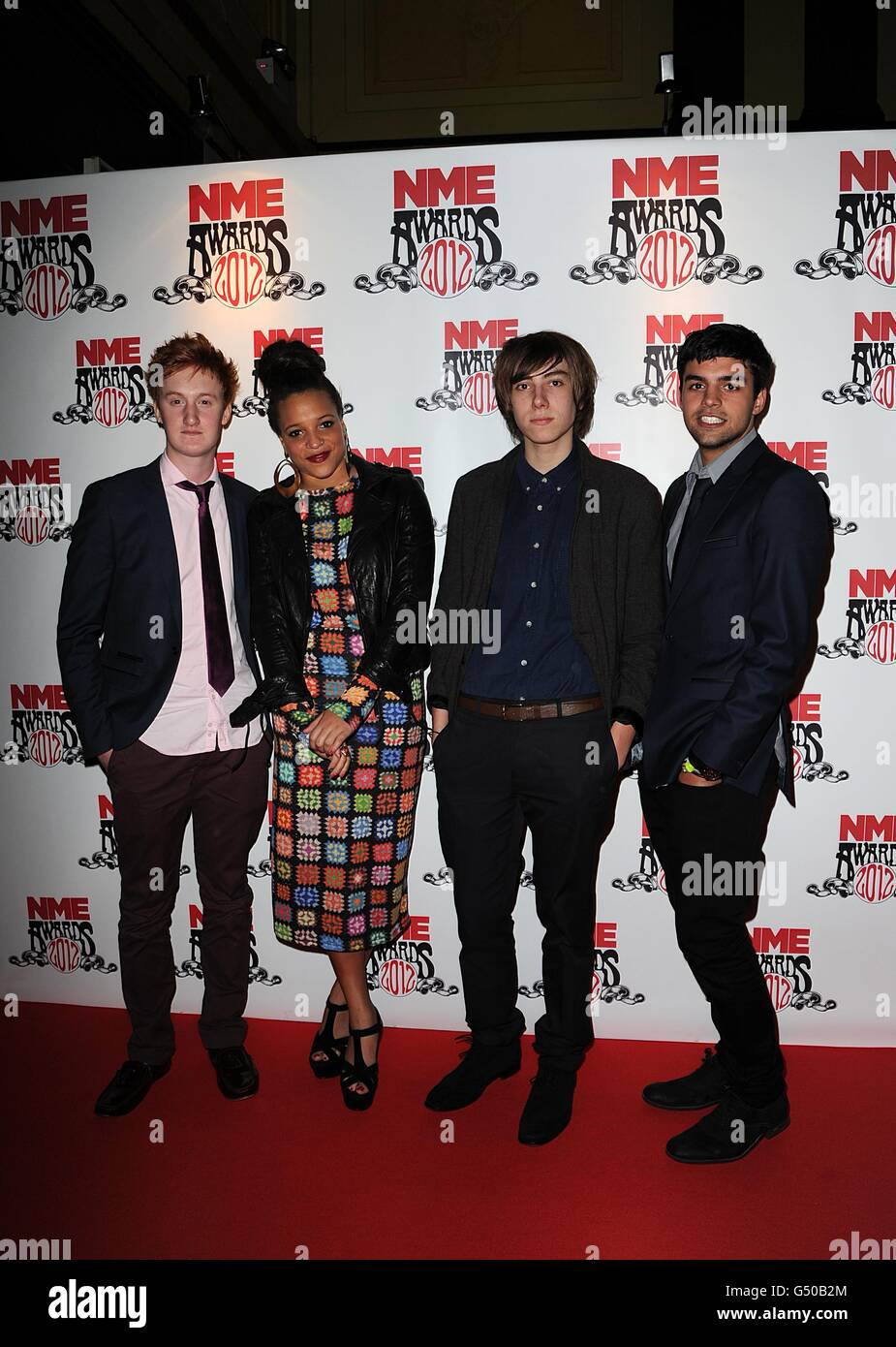 Von links nach rechts) werden Merrick, Laya Lewis, Alex Arnold und  Sebastian De Souza aus Skins für die NME Awards 2012 an der O2 Brixton  Academy in London ankommen Stockfotografie - Alamy