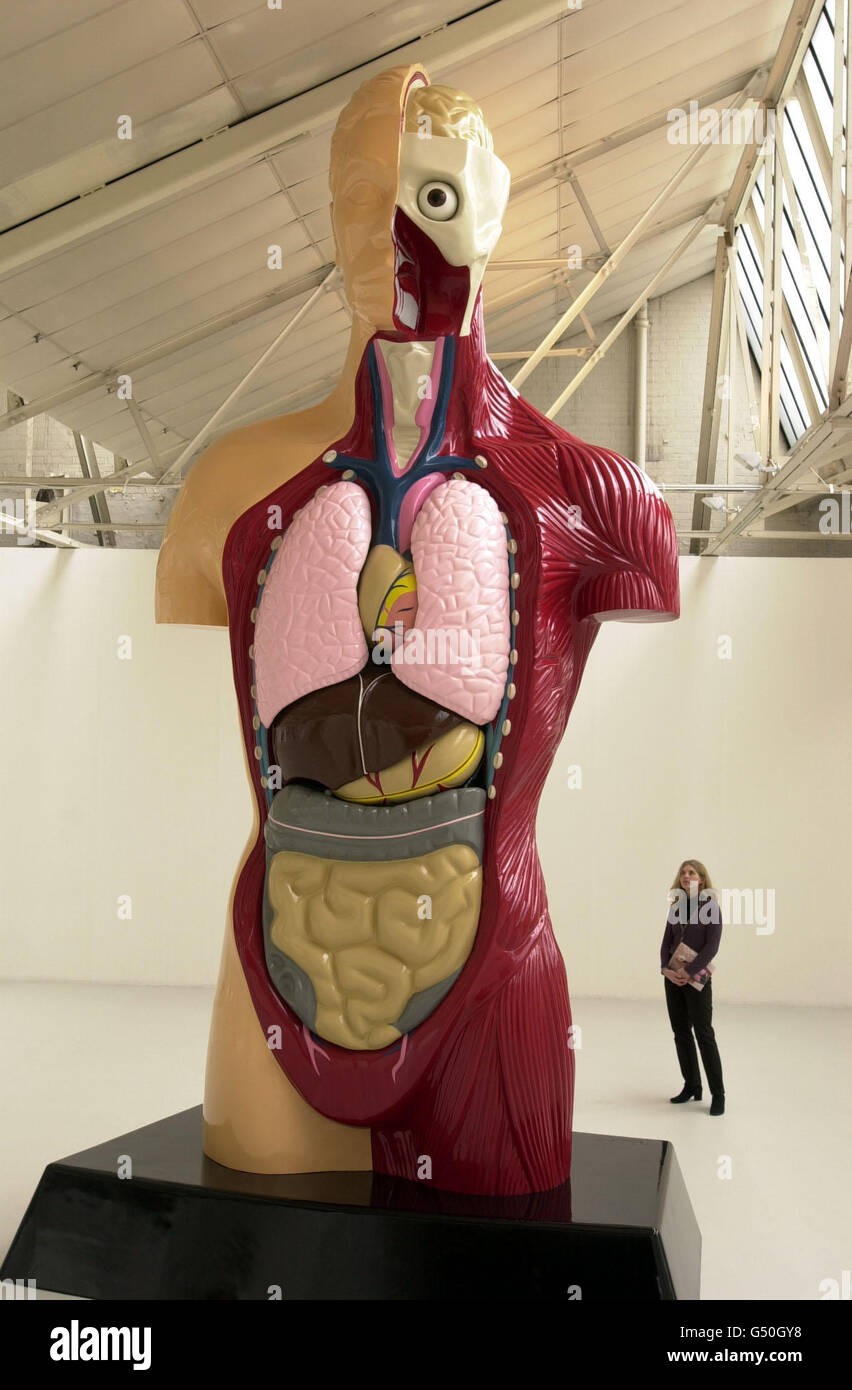 The 'Hymn' , ein 20 m hohes, fünf Tonnen schweres Kunstwerk von Damien Hirst, das in der Saatchi Gallery in London ausgestellt wird. Die Hymne ist eine der Ausstellungen im 'Ant Noises' in der North London Gallery, die vom 20. April bis zum 20. August 2000 geöffnet ist. Stockfoto