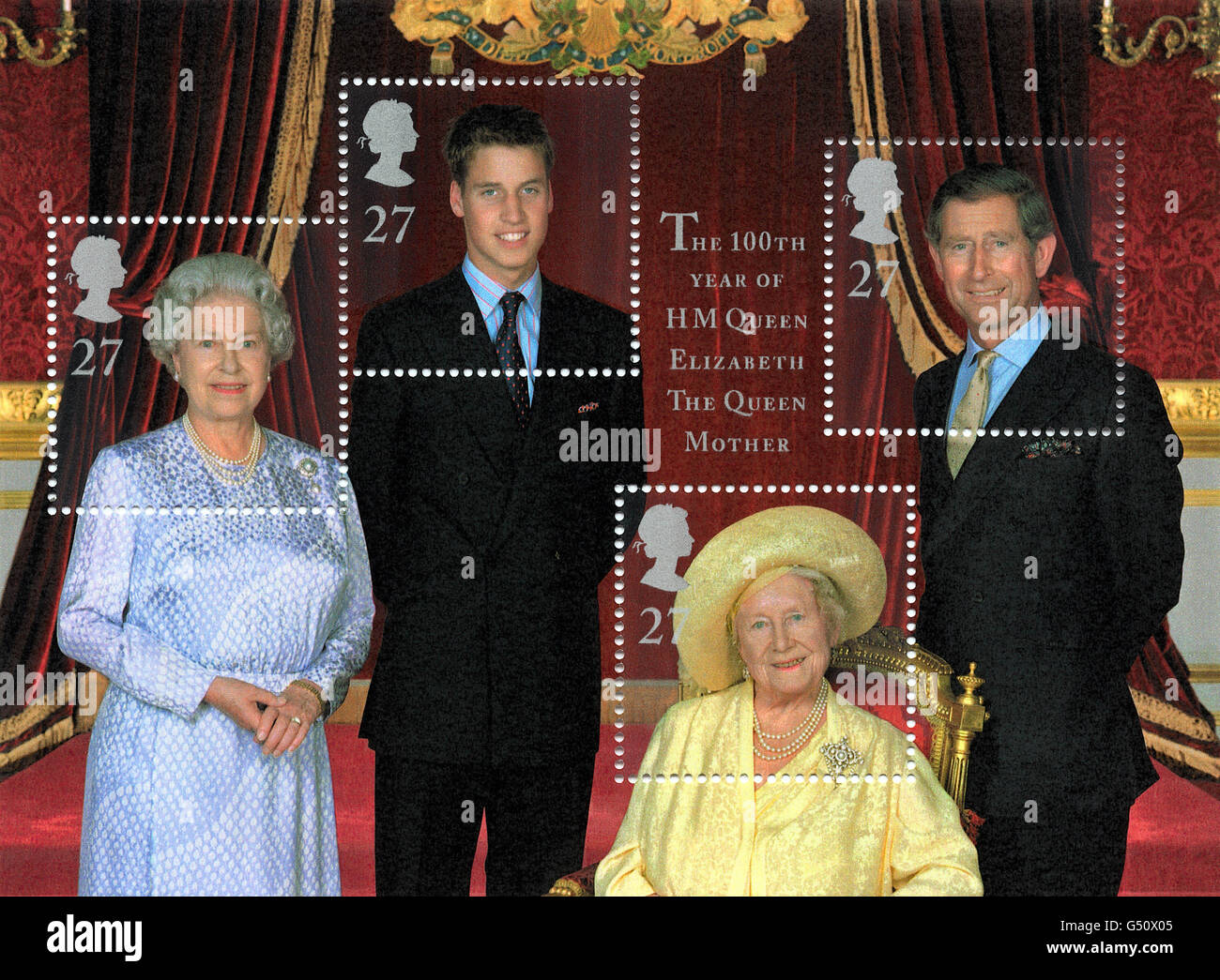Briefmarken mit vier Generationen der königlichen Familie werden ausgegeben, um den 100. Geburtstag der Königin Mutter zu gedenken. Die Royal Mail produziert ein Miniaturblatt mit vier 27p-Marken. *.. Mit Porträts der Königin Mutter, der Königin, des Prinzen von Wales und Prinz William in einem größeren Gruppenfoto. Stockfoto