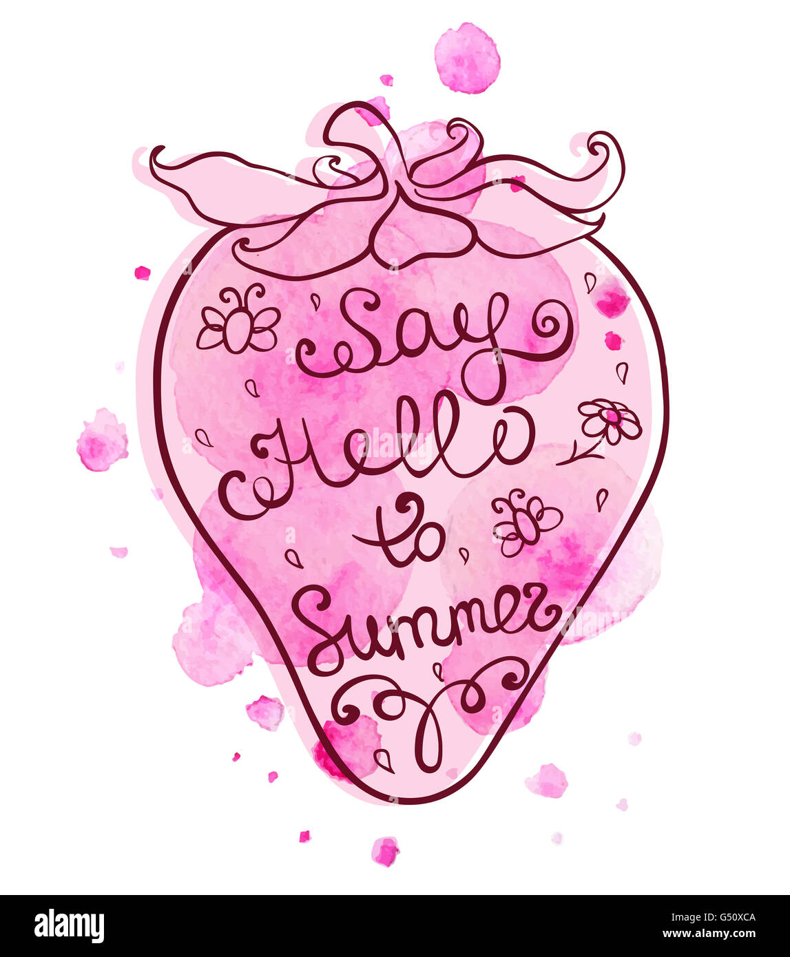 Abstrakte Aquarell rosa Erdbeere mit Schriftzug "Say Hello Sommer". Handgezeichnete Abbildung. Stockfoto