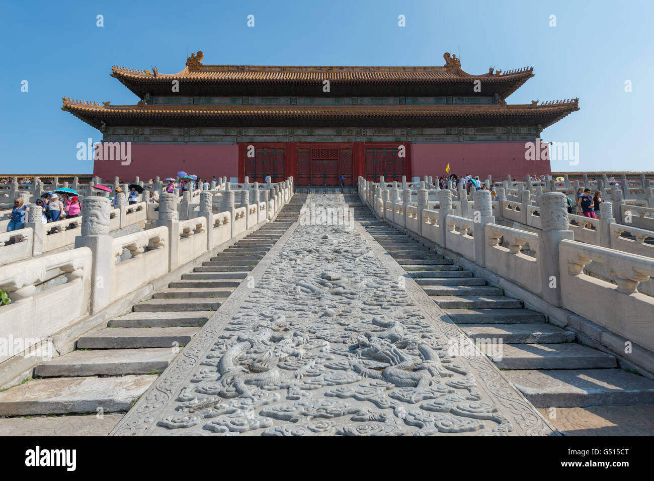 China, Beijing, Rückansicht der Halle Harmonien entlang der kaiserlichen Rampe Marmor aus der verbotenen Stadt Stockfoto