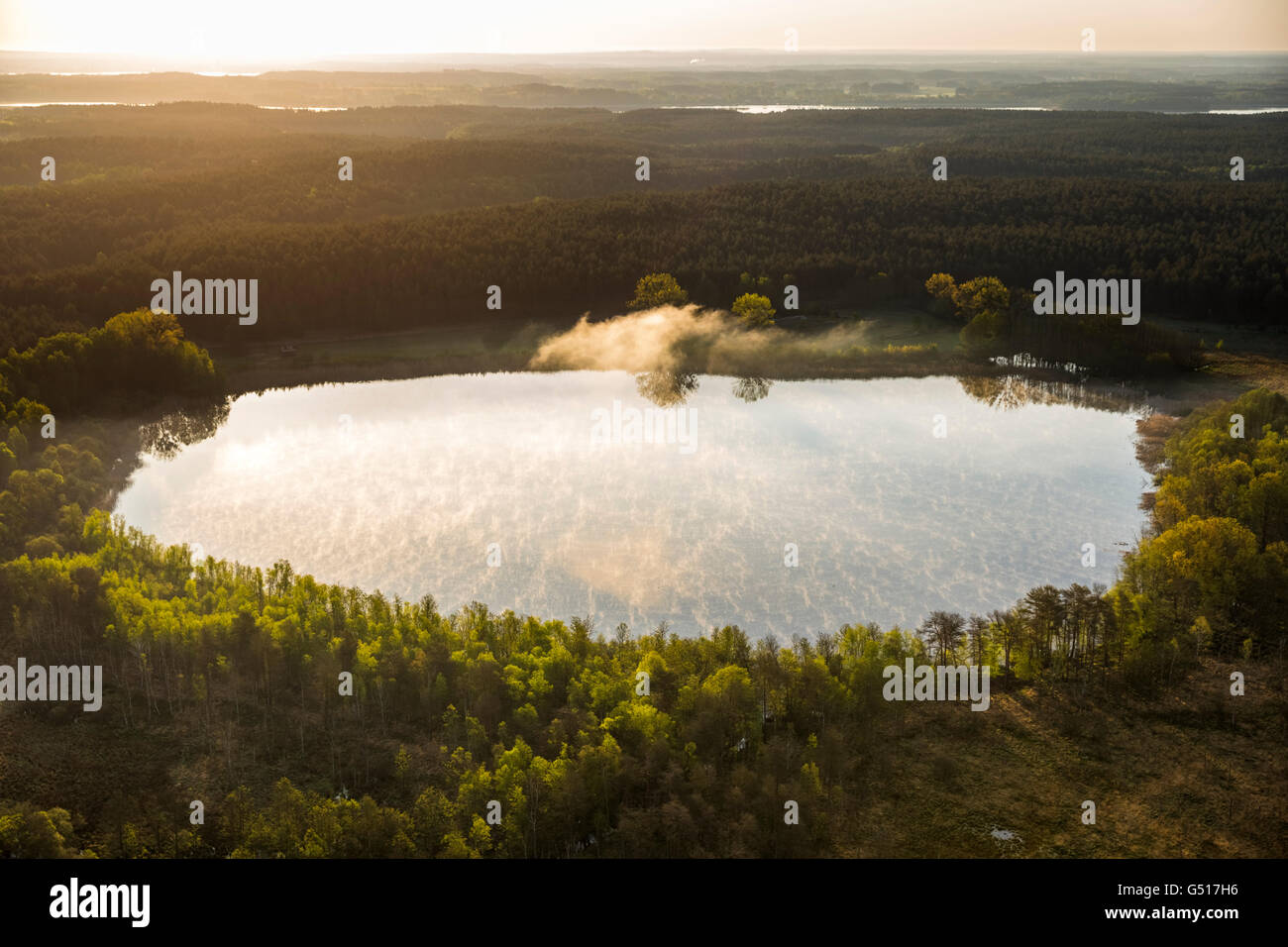Luftaufnahme, Red Lake mit Nebel, morgen Stimmung, Sonnenaufgang, Roggentin, Mecklenburgische Seenplatte, Mecklenburger Seenplatte, Stockfoto