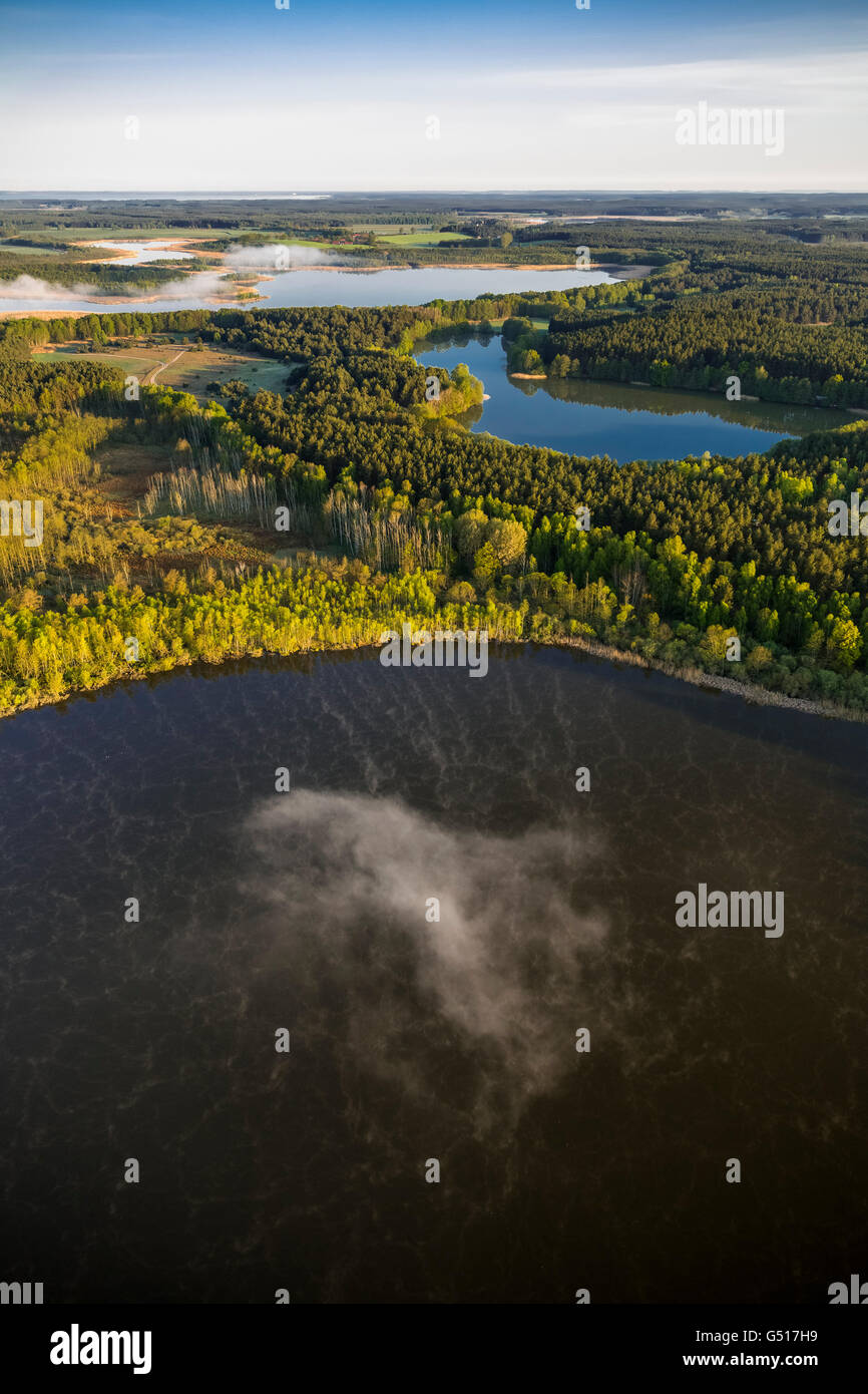 Luftaufnahme, Red Lake mit Nebel, morgen Stimmung, Sonnenaufgang, Roggentin, Mecklenburgische Seenplatte, Mecklenburger Seenplatte, Stockfoto