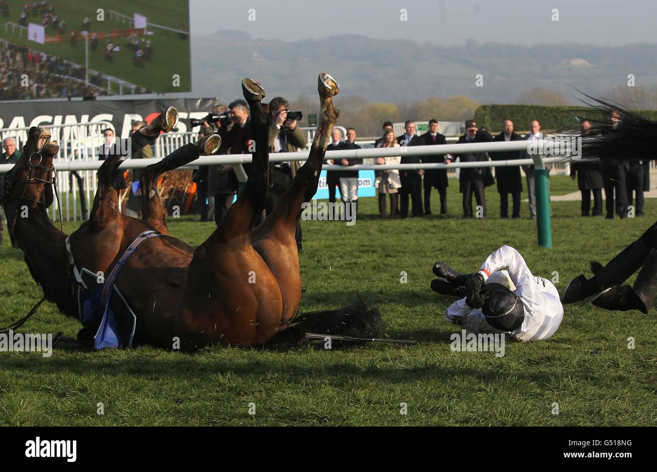 Barry Geraghty wird während des Coral Cup am Ladies Day, während des Cheltenham Festivals, von seinem Pferd Spirit River geworfen. Stockfoto
