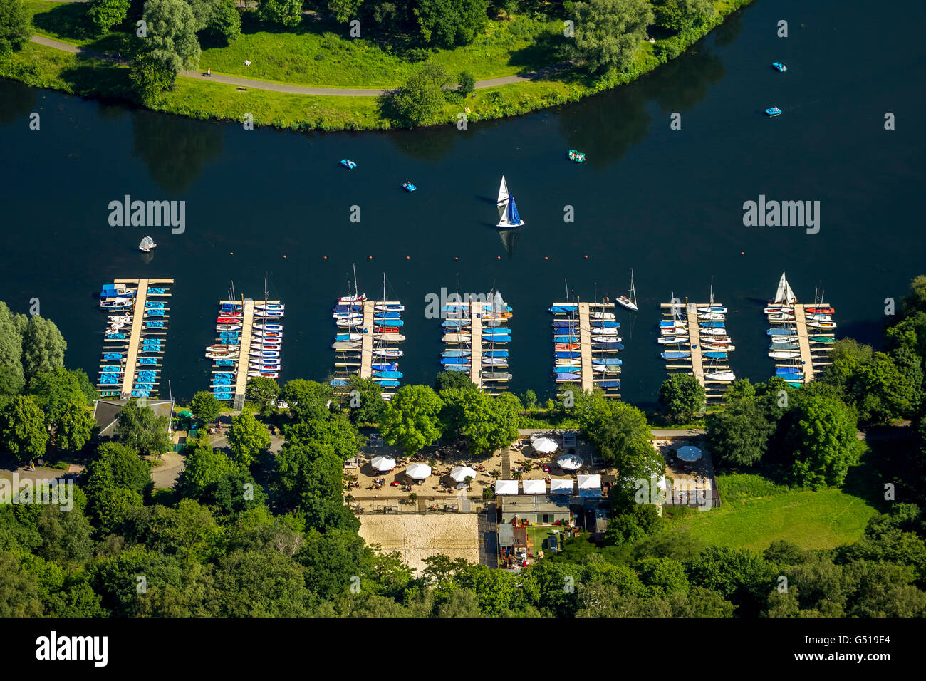 Luftaufnahme, Segelboot Dock am Kemnader Stausee, Kemnade, Bochum, Ruhrgebiet, Nord Rhein Westfalen, Deutschland, Europa, Stockfoto