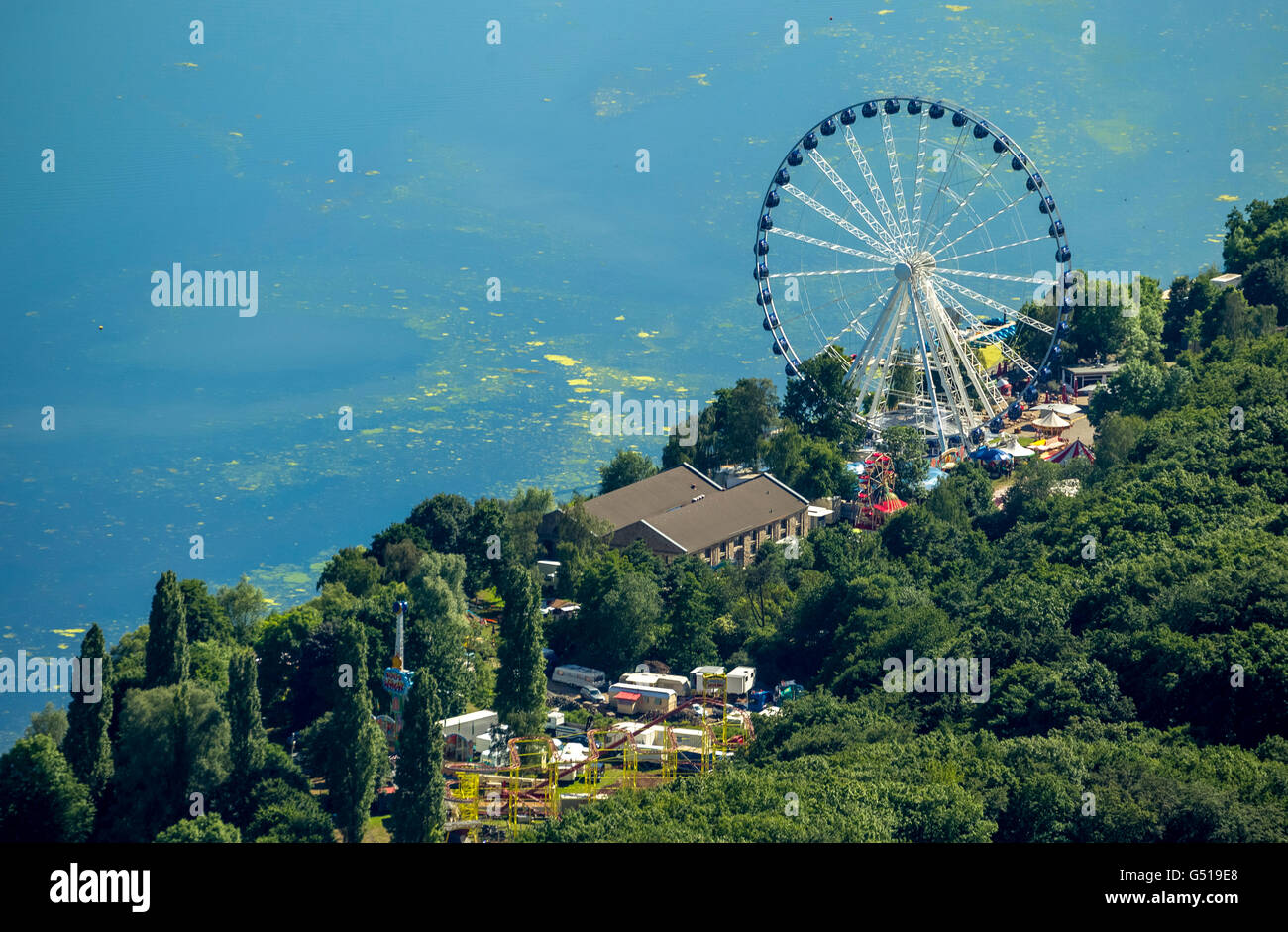 Luftaufnahme, Unterhaltung Gibraltar am Kemnader, Riesenrad am See, Kemnader Stausee, Bochum, Ruhrgebiet, Stockfoto
