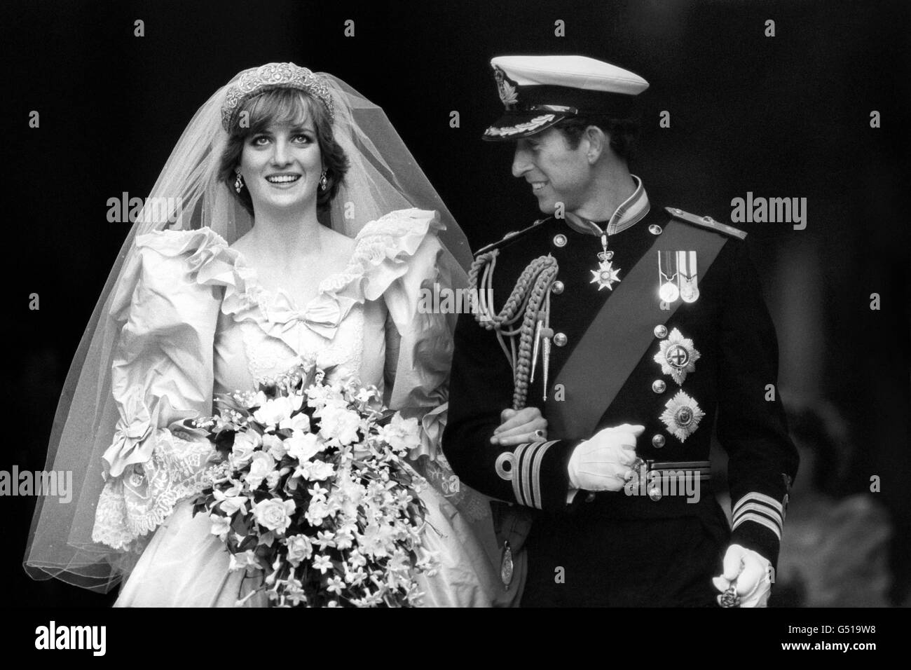 Der Prinz und die Prinzessin von Wales an ihrem Hochzeitstag. Stockfoto