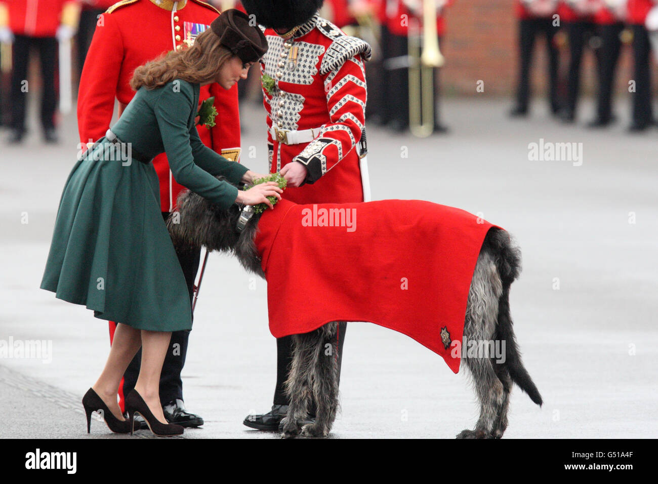 Die Herzogin von Cambridge mit dem Maskottchen der irischen Garde, während sie an der St. Patrick's Day Parade in den Mons Barracks in Aldershot teilnimmt. Stockfoto