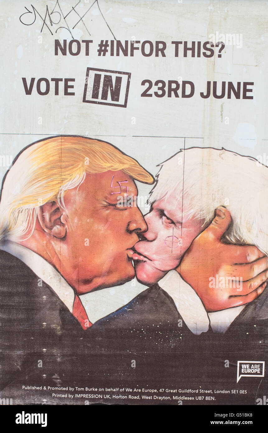 Plakat für die Abstimmung in der Europäischen Union mit Donald Trump und Boris Johnson zu küssen bleiben Stockfoto