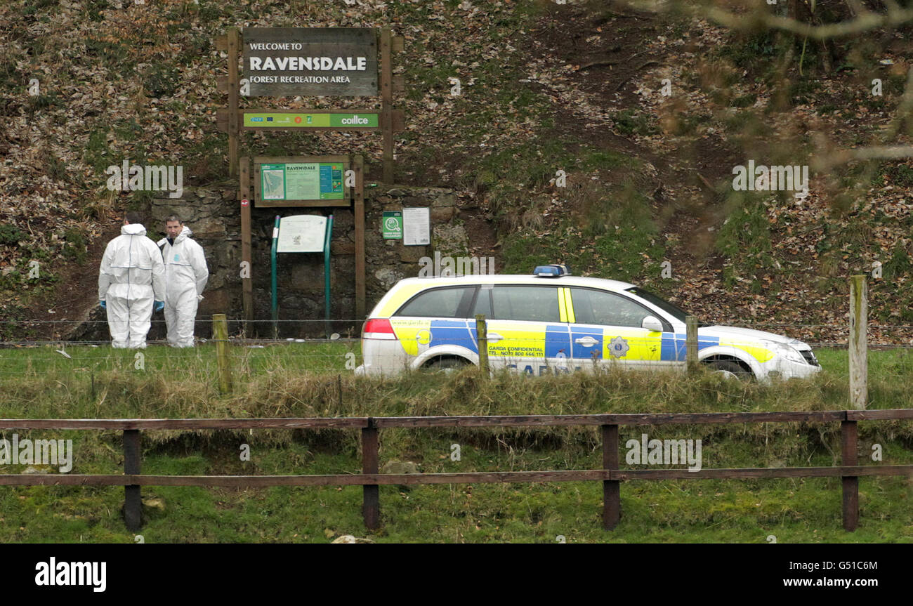 Gardai an der Stelle, wo zwei Leichen in einem ausgebrannten Auto im Ravensdale Park in der Nähe von Dundalk gefunden wurden. Stockfoto